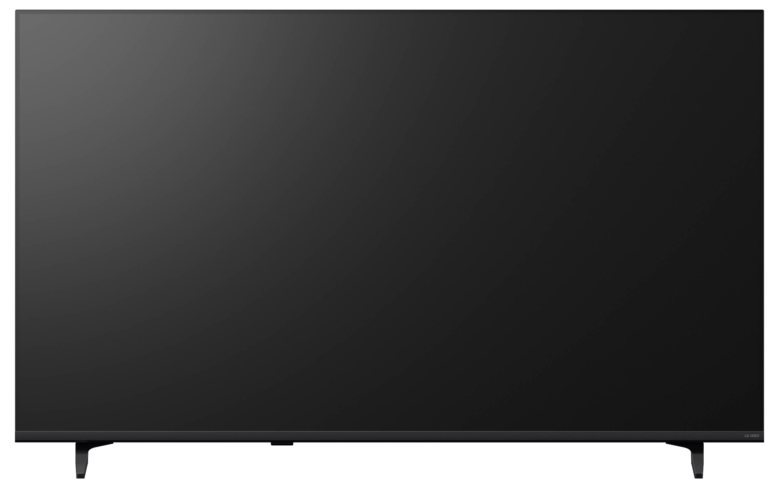 Een grote zwarte flat-screen televisie op een witte achtergrond, frontaal weergegeven met dunne schermranden en zichtbare standaardpoten.
