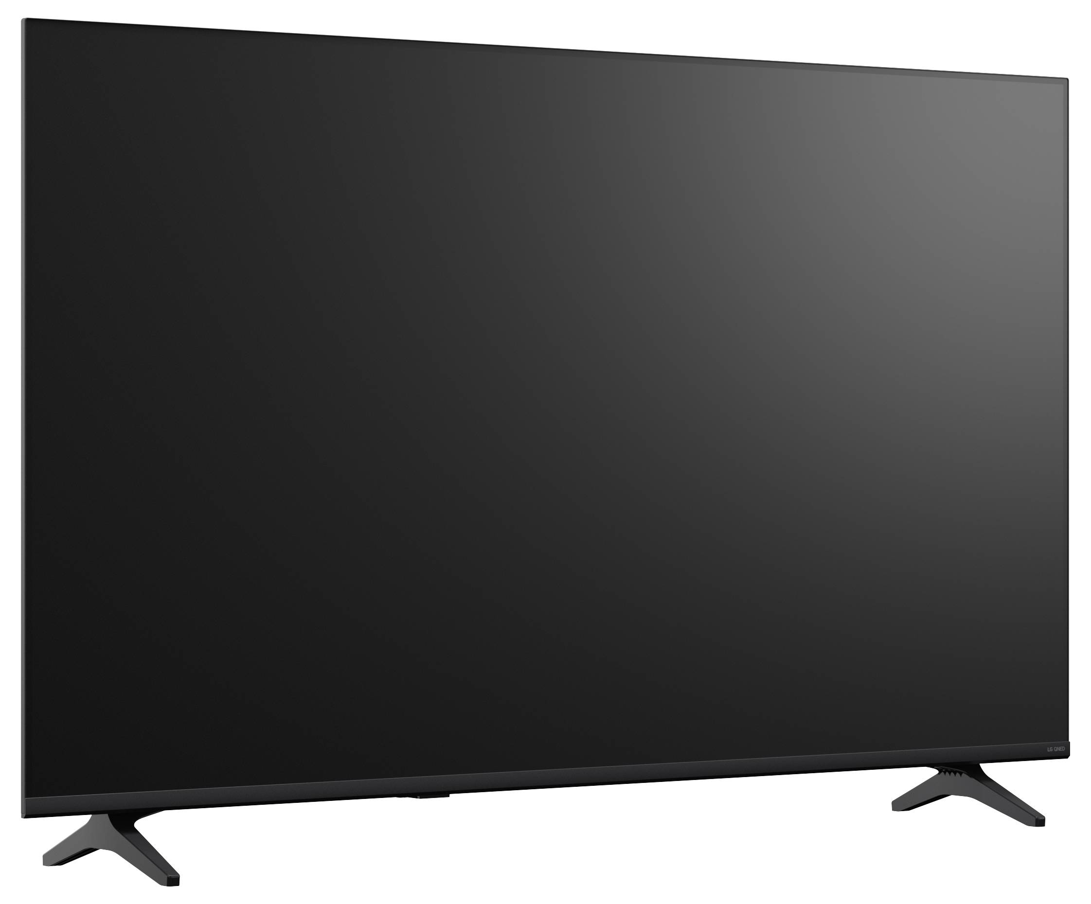 Een grote zwarte flatscreen-televisie op een witte achtergrond, weergegeven in een eenvoudige productweergave.
