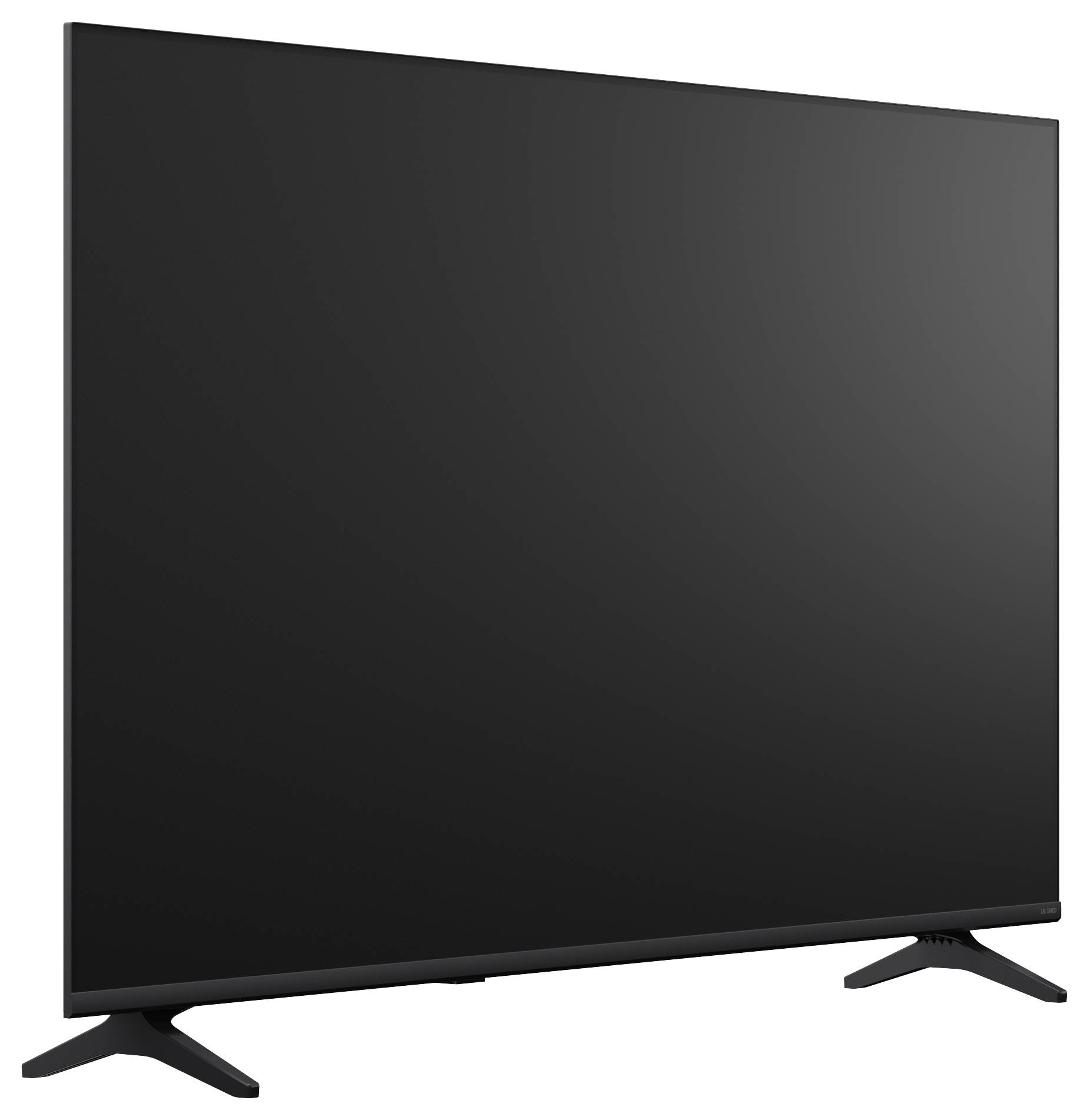 Zwarte flatscreen televisie op een standaard, onder een hoek tegen een witte achtergrond weergegeven.