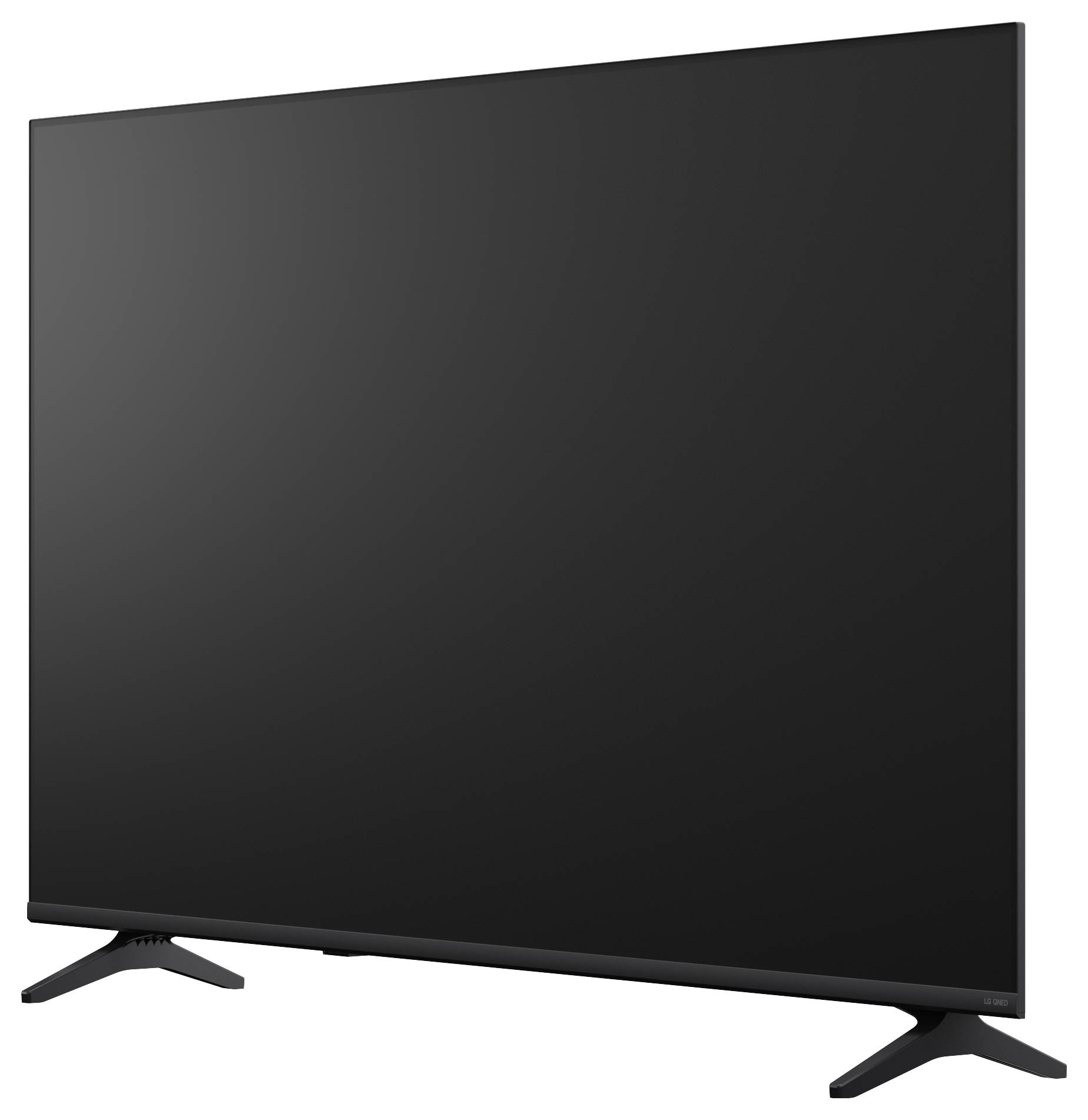 Zwarte flatscreen televisie op twee standaard poten, getoond tegen een witte achtergrond.
