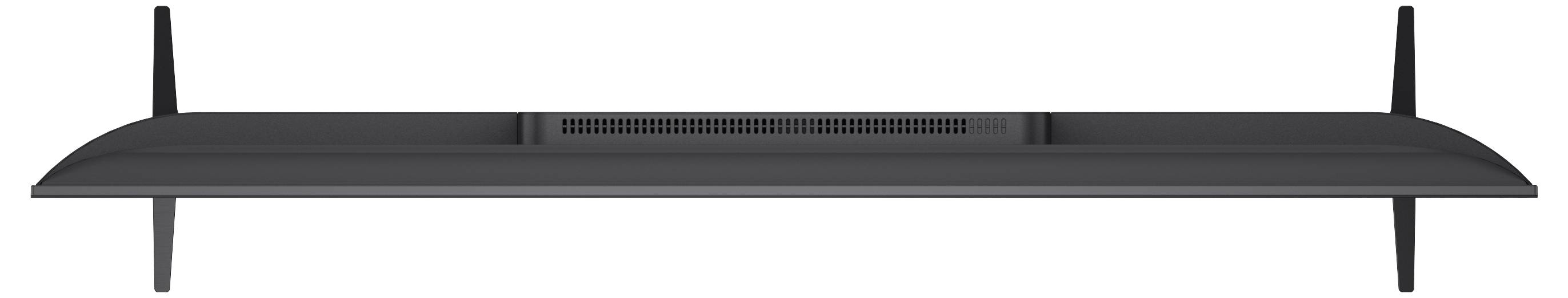 Zwarte flatscreen-tv van achteren getoond met twee antenne-achtige standaarden op een witte achtergrond.