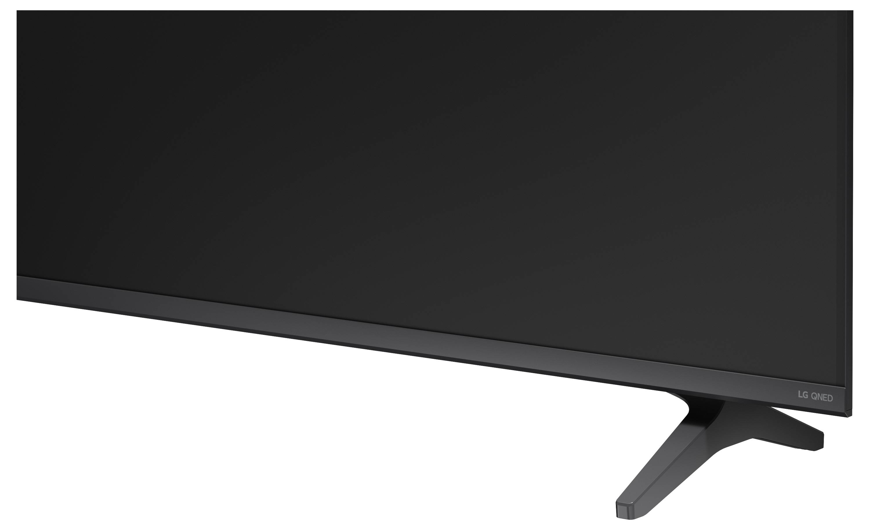 Close-up van een zwart LG UltraWide-monitorscherm en standaard tegen een witte achtergrond.