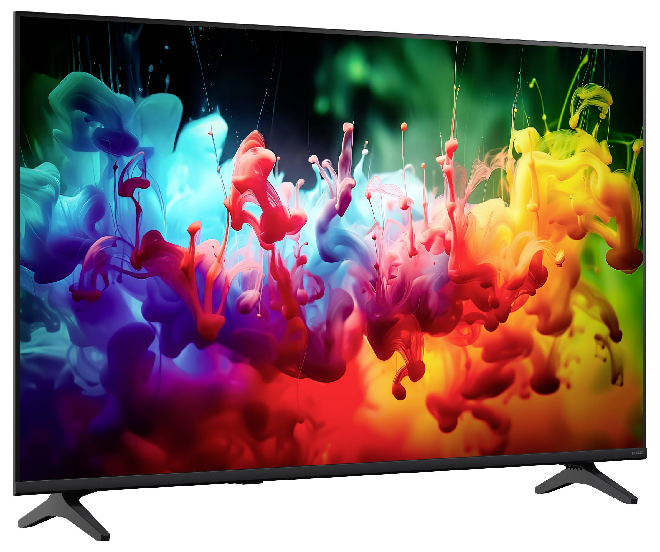Flatscreen-televisie met kleurrijke abstracte verfachtige wervelingen op een zwarte achtergrond, met twee zichtbare standaarden.