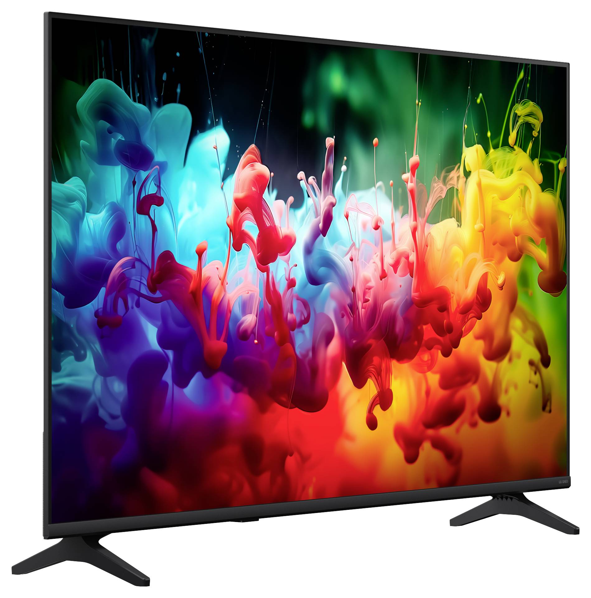 Platte televisie met kleurrijke abstracte verfspetters op een zwart scherm, onder een hoek op een standaard weergegeven.