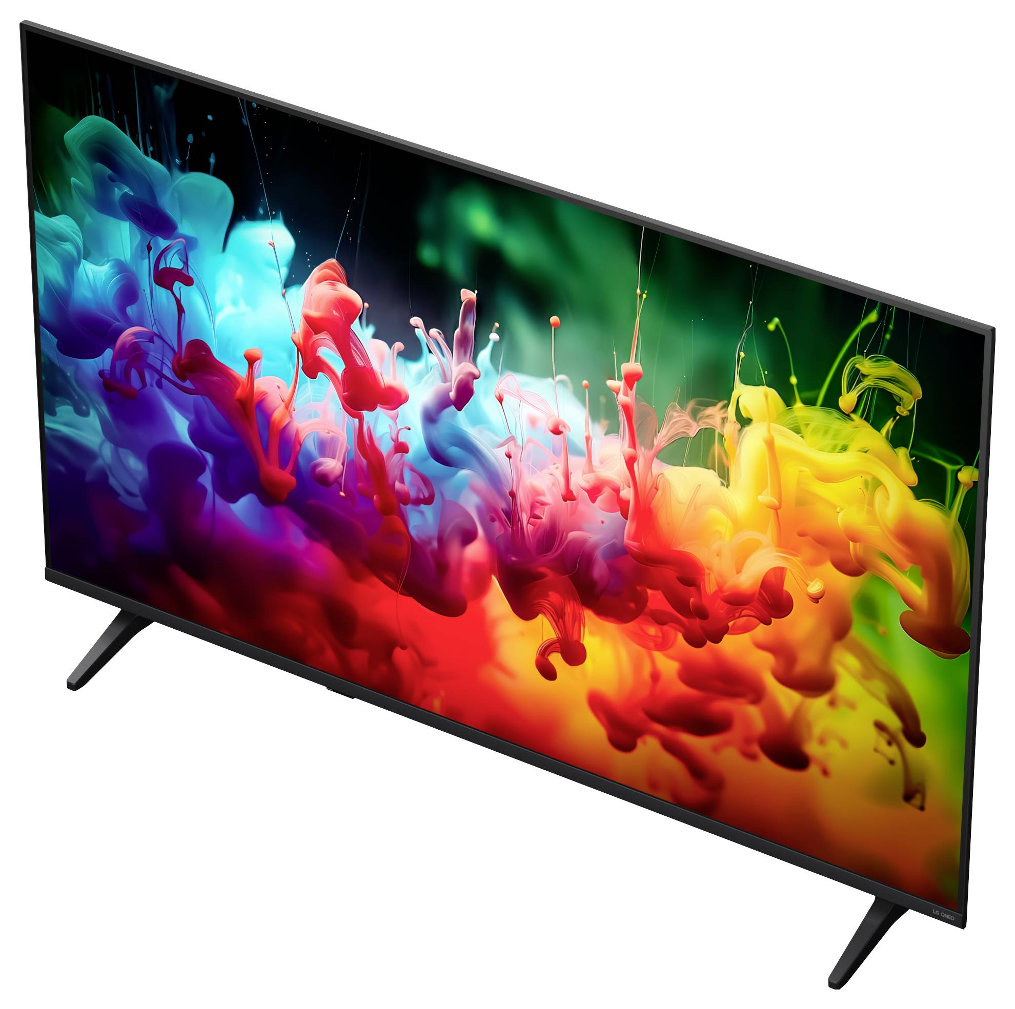 Flatscreen-tv die een levendig regenboog inktspat-behang op een witte achtergrond weergeeft.