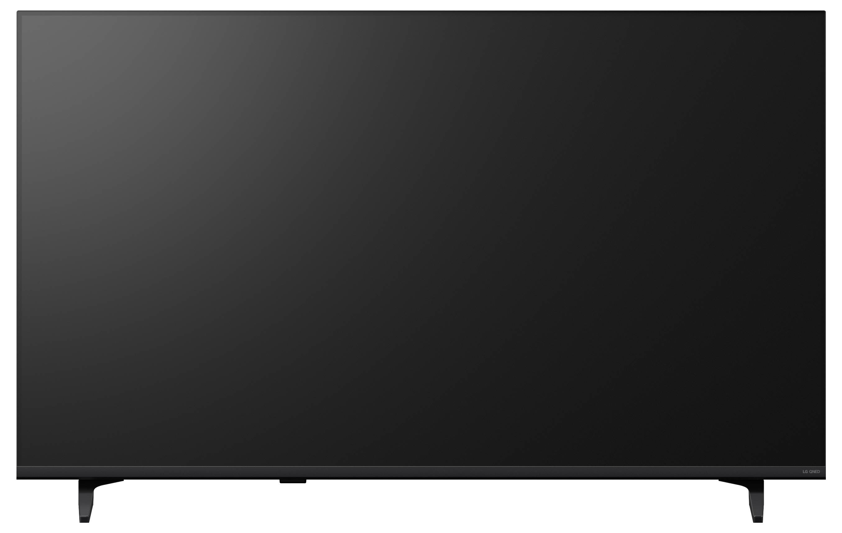 Zwarte flatscreen-televisie op een standaard, weergegeven in vooraanzicht tegen een witte achtergrond.