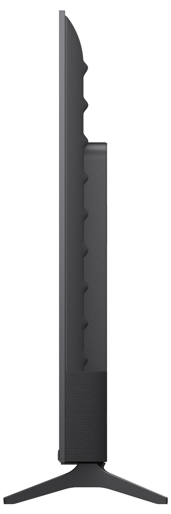 Zijaanzicht van een donkergrijs mes met een gekartelde blade, gestructureerde handgreep en schuine basis op een witte achtergrond.