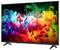Flatscreen-tv met een levendige meerkleurige abstracte inktspatterafbeelding op een witte achtergrond.