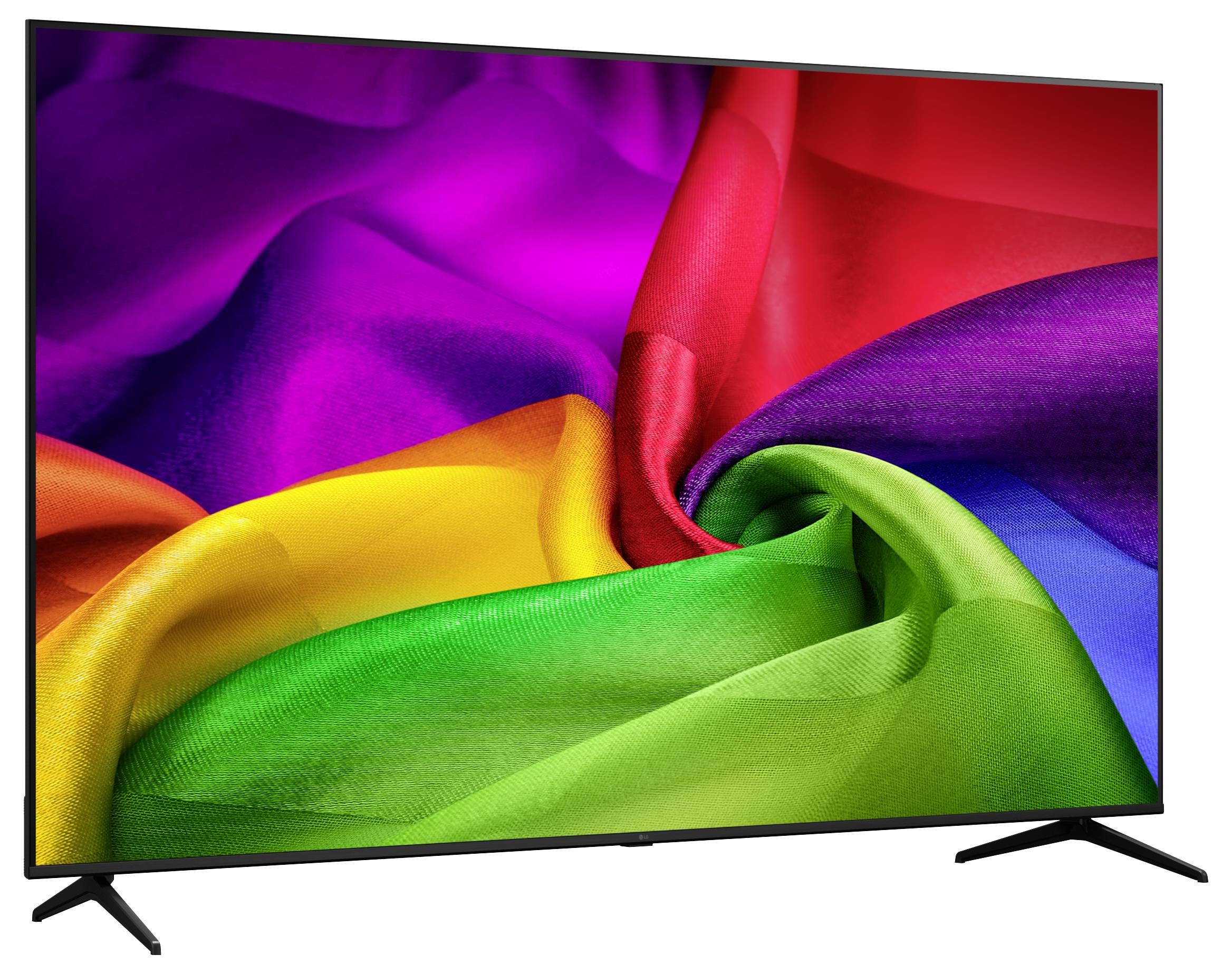 Flatscreen-tv met een helder abstract regenboogstof-achtig beeld, met zwarte bezel en standpooten op een witte achtergrond.