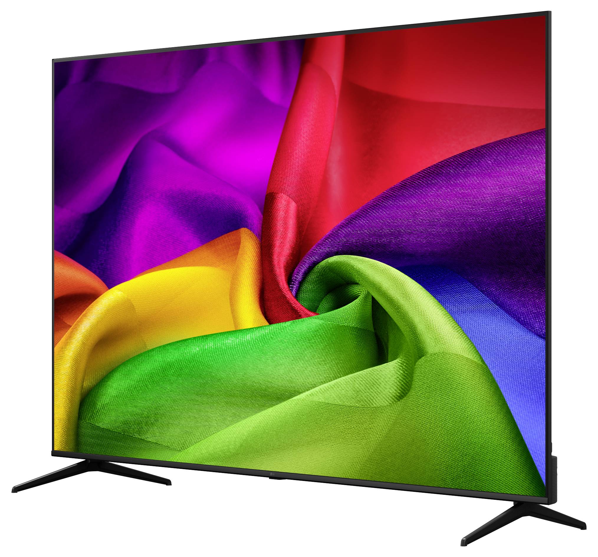 Een flat-screen tv die een levendige, veelkleurige abstracte stof-achtige wervelwind op een witte achtergrond weergeeft.