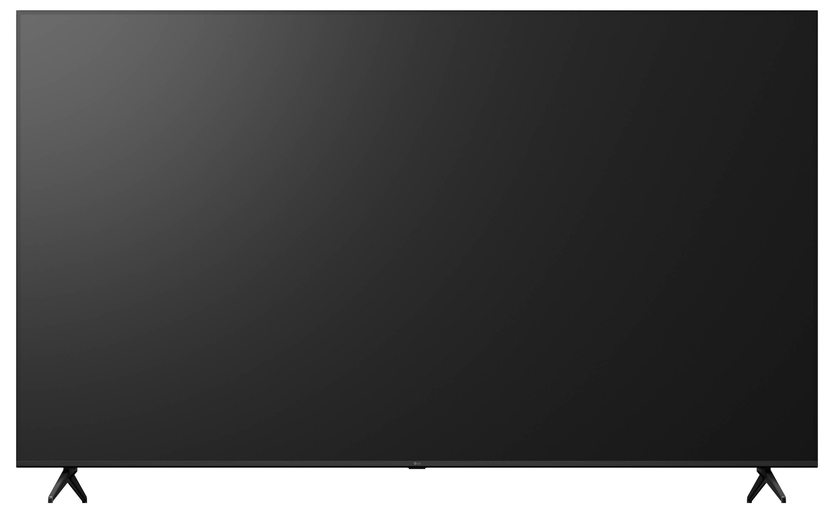 Grote zwarte flatscreen televisie met twee schuin geplaatste poten op een witte achtergrond.