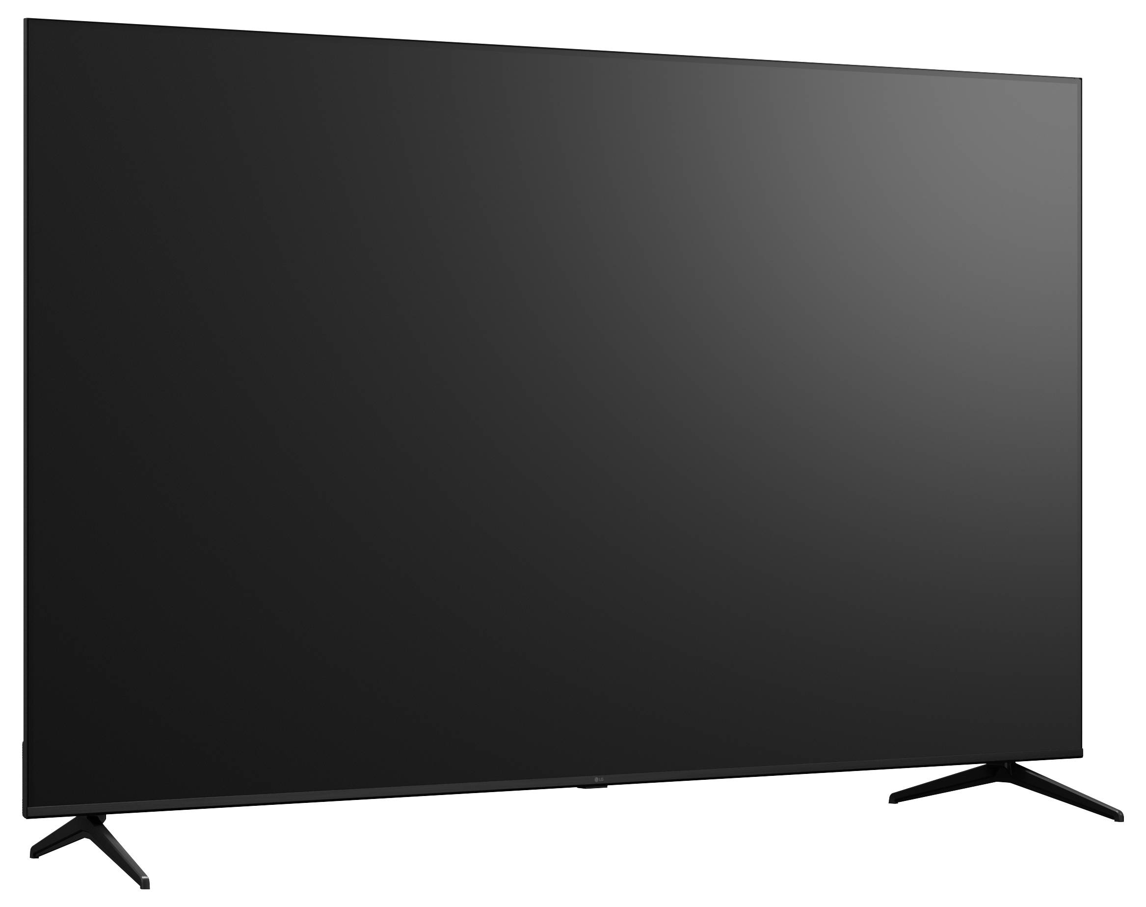 Zwarte flatscreen-televisie op twee hoekige standaardpoten, weergegeven in frontaanzicht op een witte achtergrond.