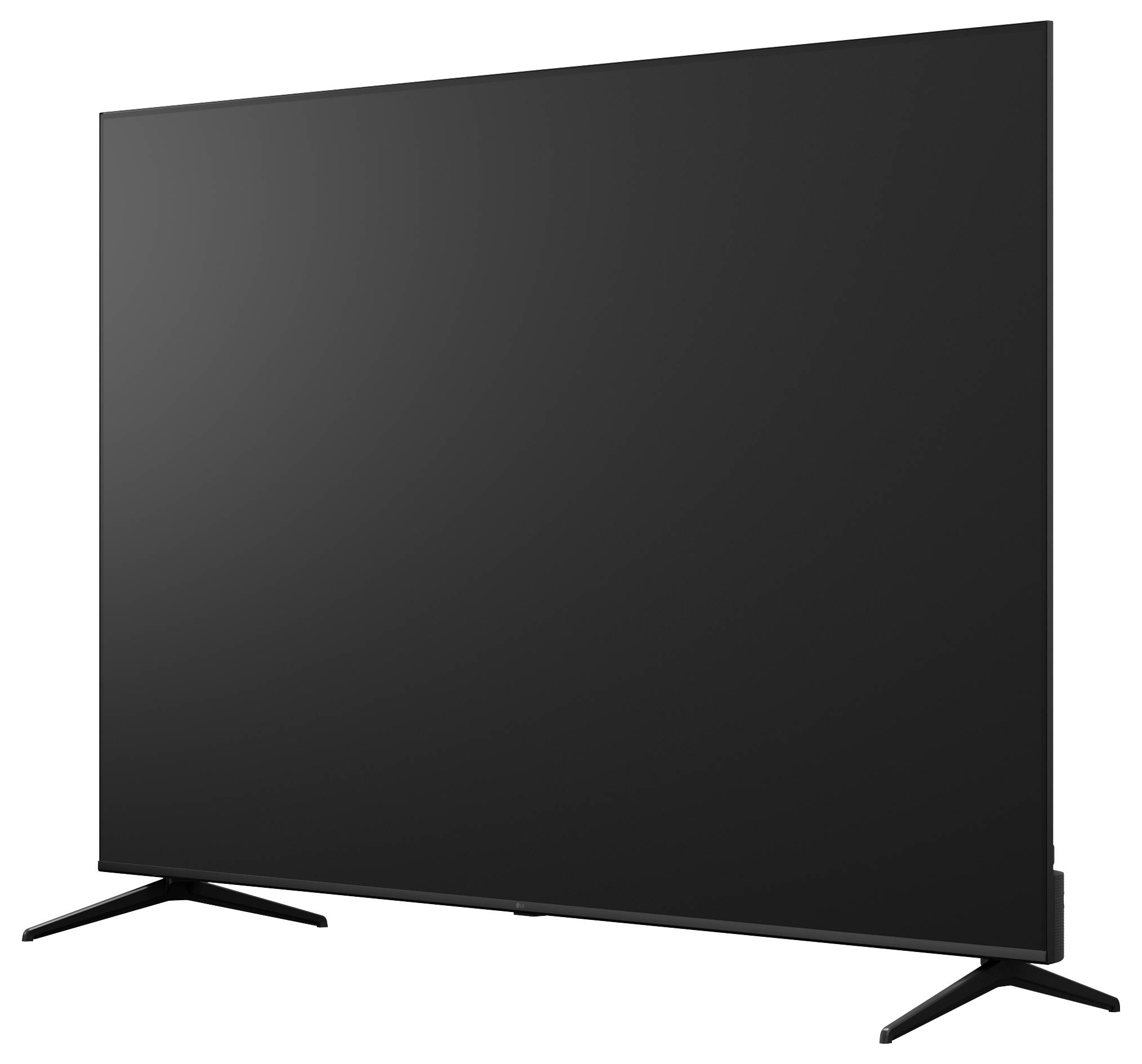 Zwarte flatscreen-televisie op twee schuine standaardpoten, weergegeven op een witte achtergrond.