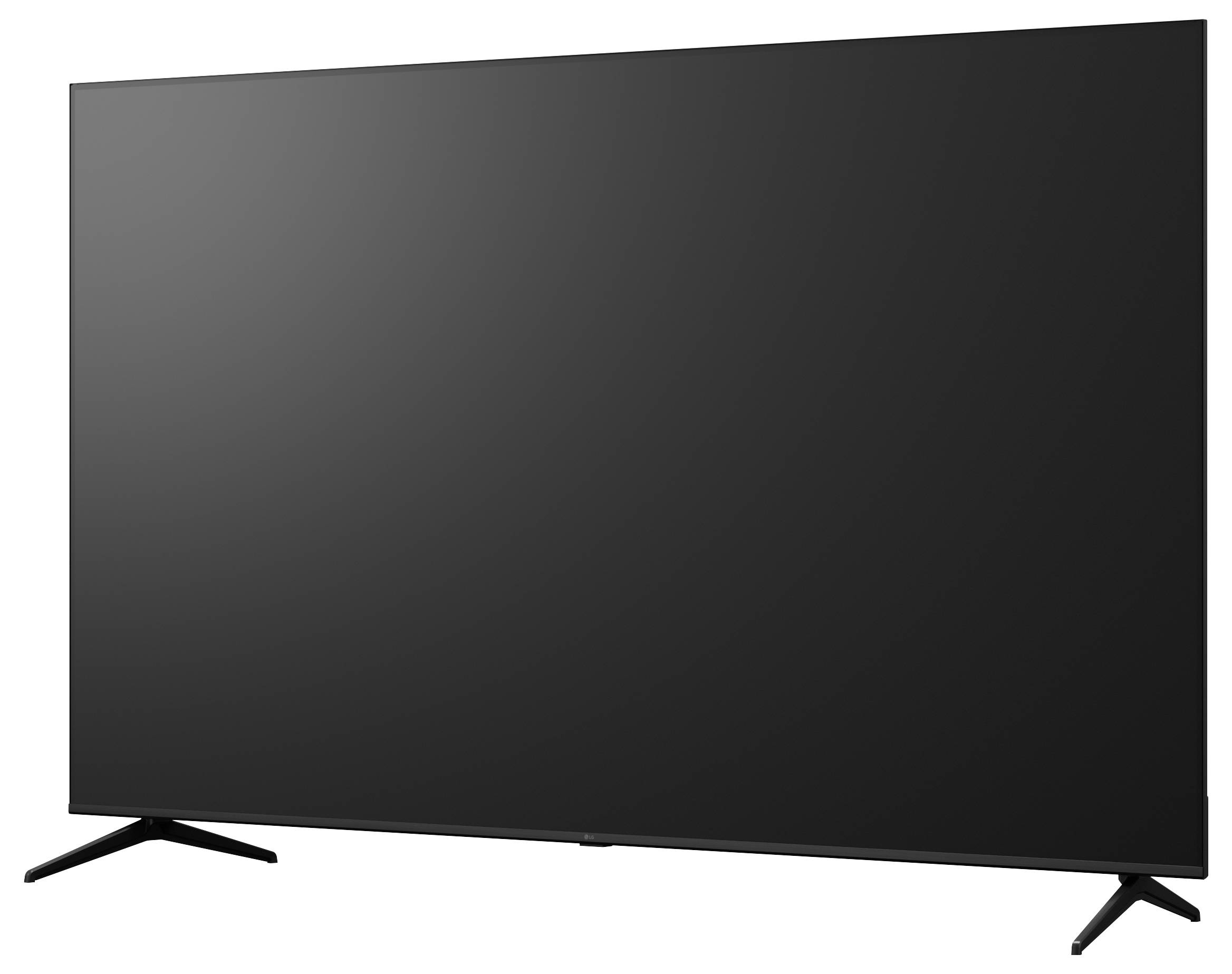 Flatscreen televisie op twee schuine standpooten, weergegeven op een witte achtergrond.