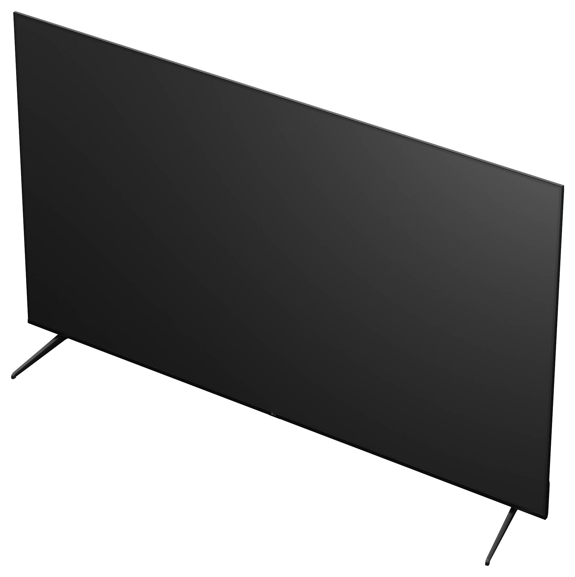 Zwarte flatscreen-tv of monitor op een hellend standaard, weergegeven tegen een witte achtergrond.