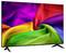 Flat-screen-tv die een levendige regenbooggekleurde stofwerveling op een witte achtergrond weergeeft.