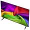 Een flatscreen-tv die een levendige regenboogkleurige abstracte stofachtige afbeelding op een witte achtergrond weergeeft.