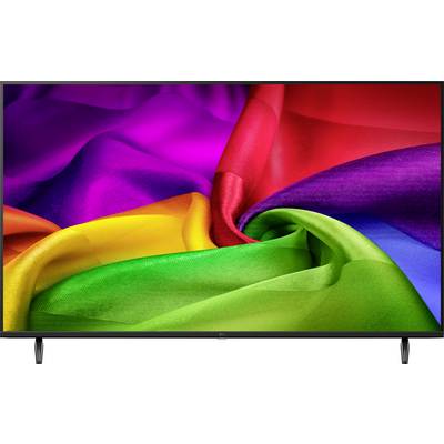 Platte televisie die een kleurijk abstract draaiende beweging van stoffe-achtige vormen in regenboogkleuren weergeeft.