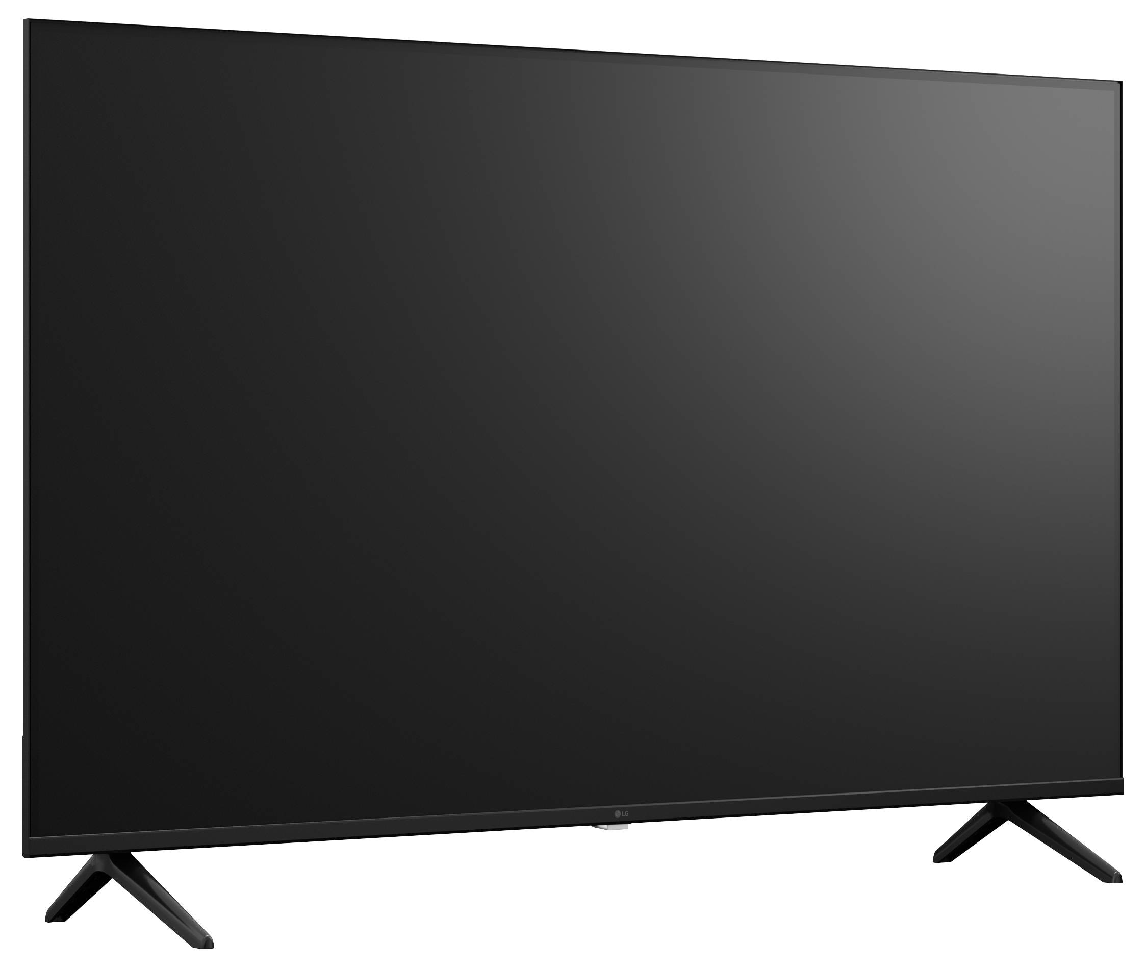 Grote flatscreen-televisie met een blank zwart scherm op twee schuine standpoten, weergegeven tegen een witte achtergrond.