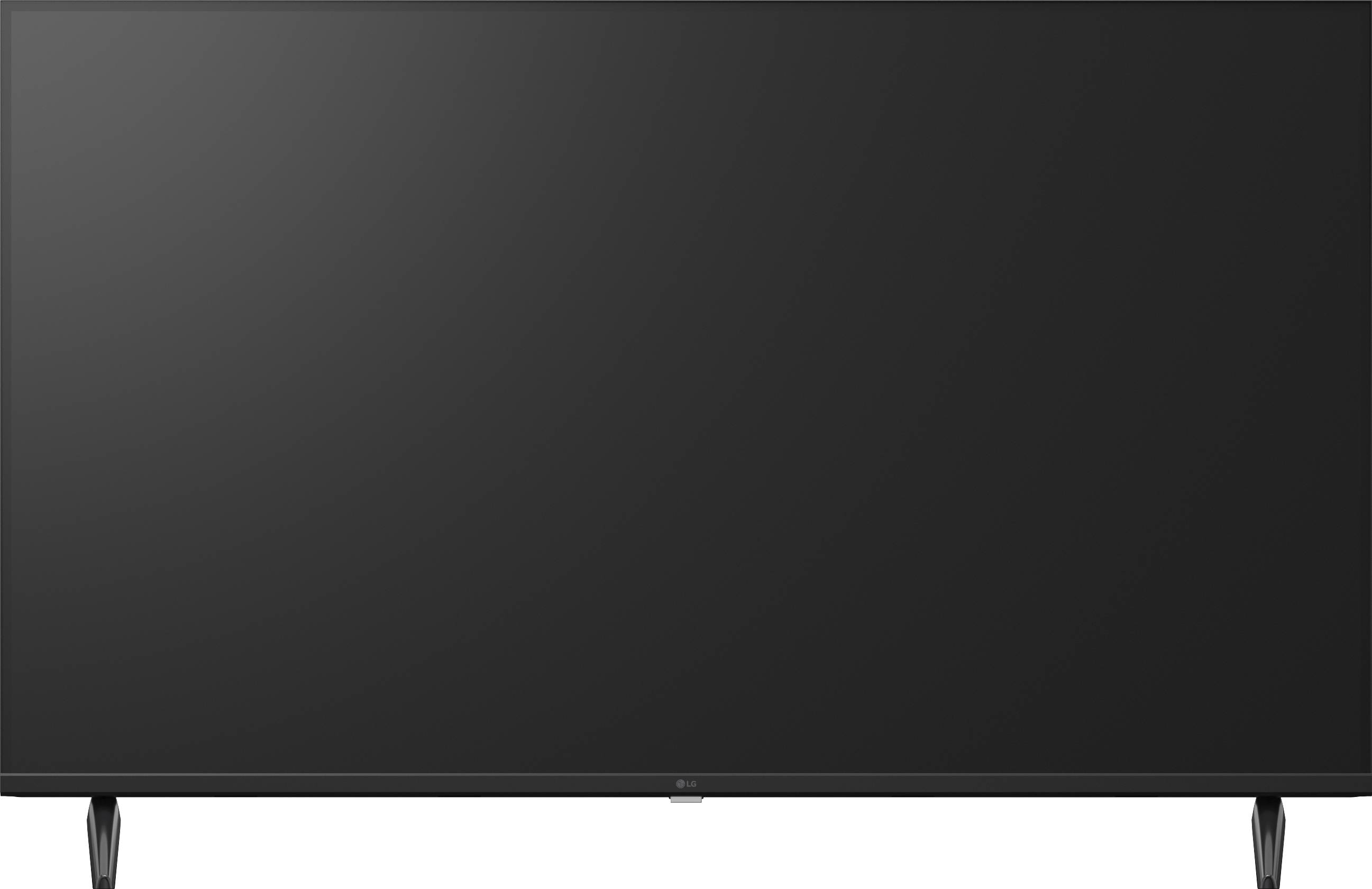 Vooraanzicht van een grote flatscreen-televisie die uitgeschakeld is, met een leeg zwart scherm op een standaard.