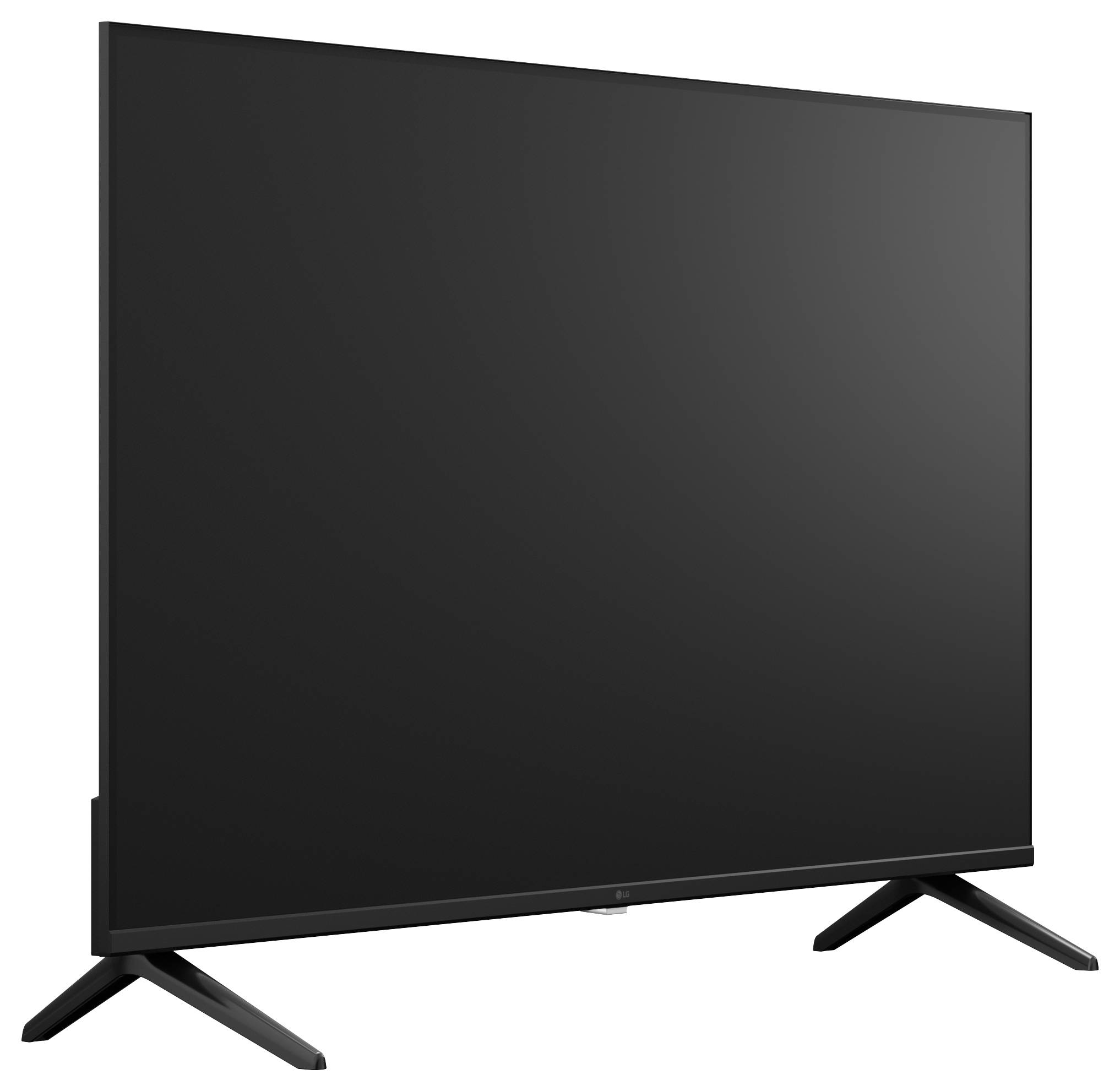 Zwarte flatscreen televisie op twee schuine standpoten, getoond tegen een witte achtergrond.