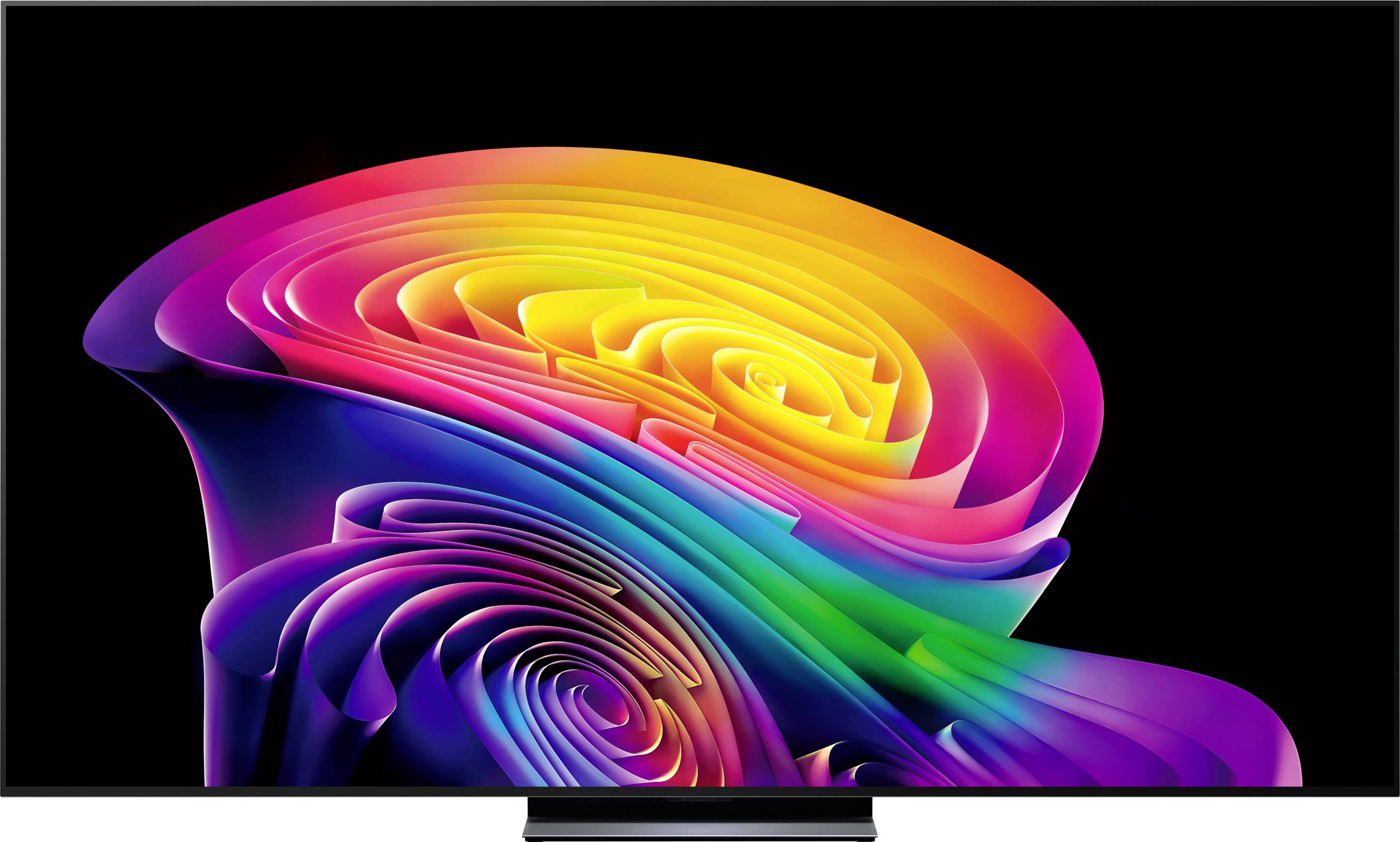 Kleurrijke abstracte wervelkunstwerk op een tv-scherm, met gelaagde regenbooglinten tegen een zwarte achtergrond.