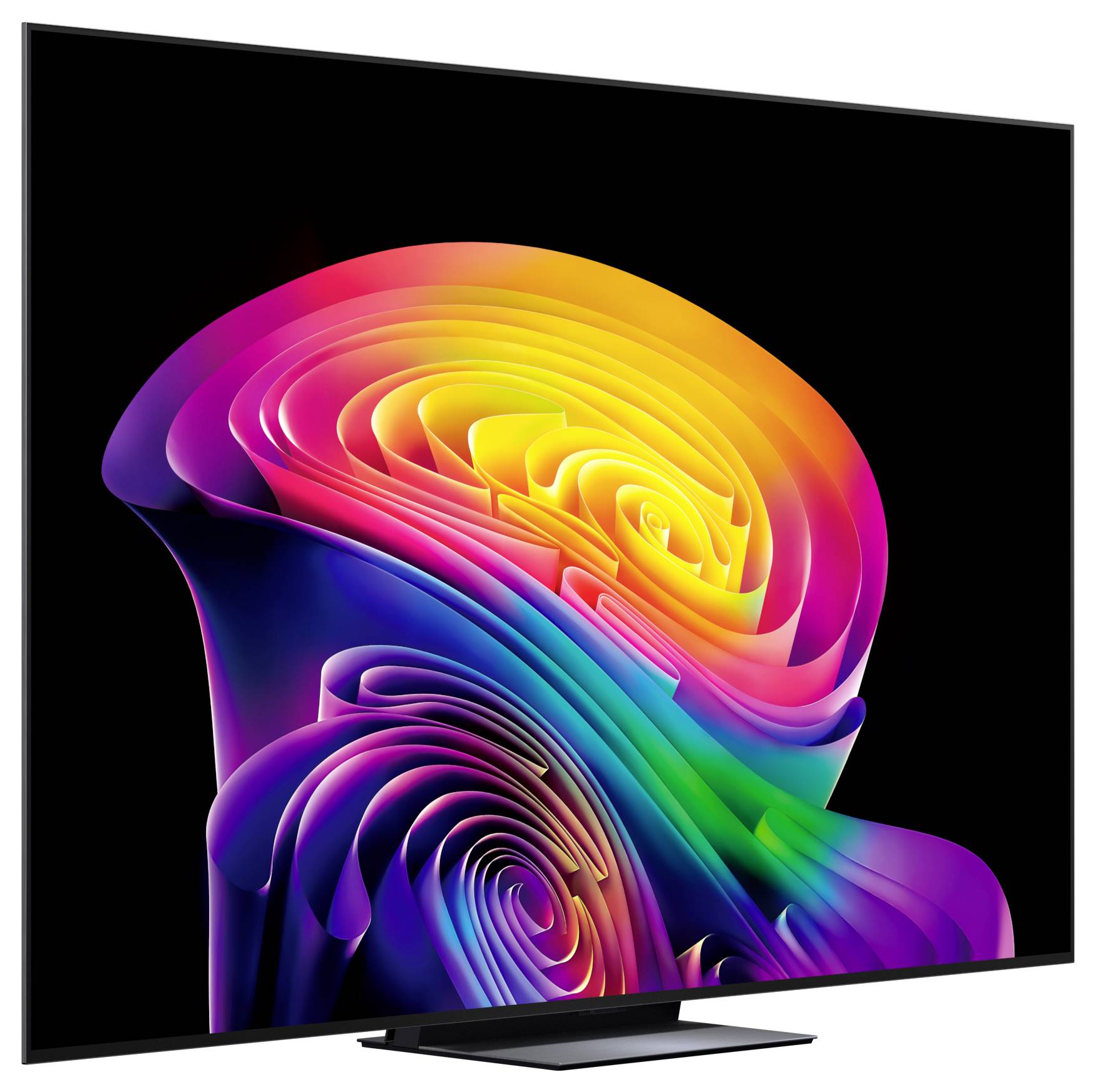 Flatscreen-tv met een kleurrijk abstract neontulpwallpaper op een zwarte achtergrond.