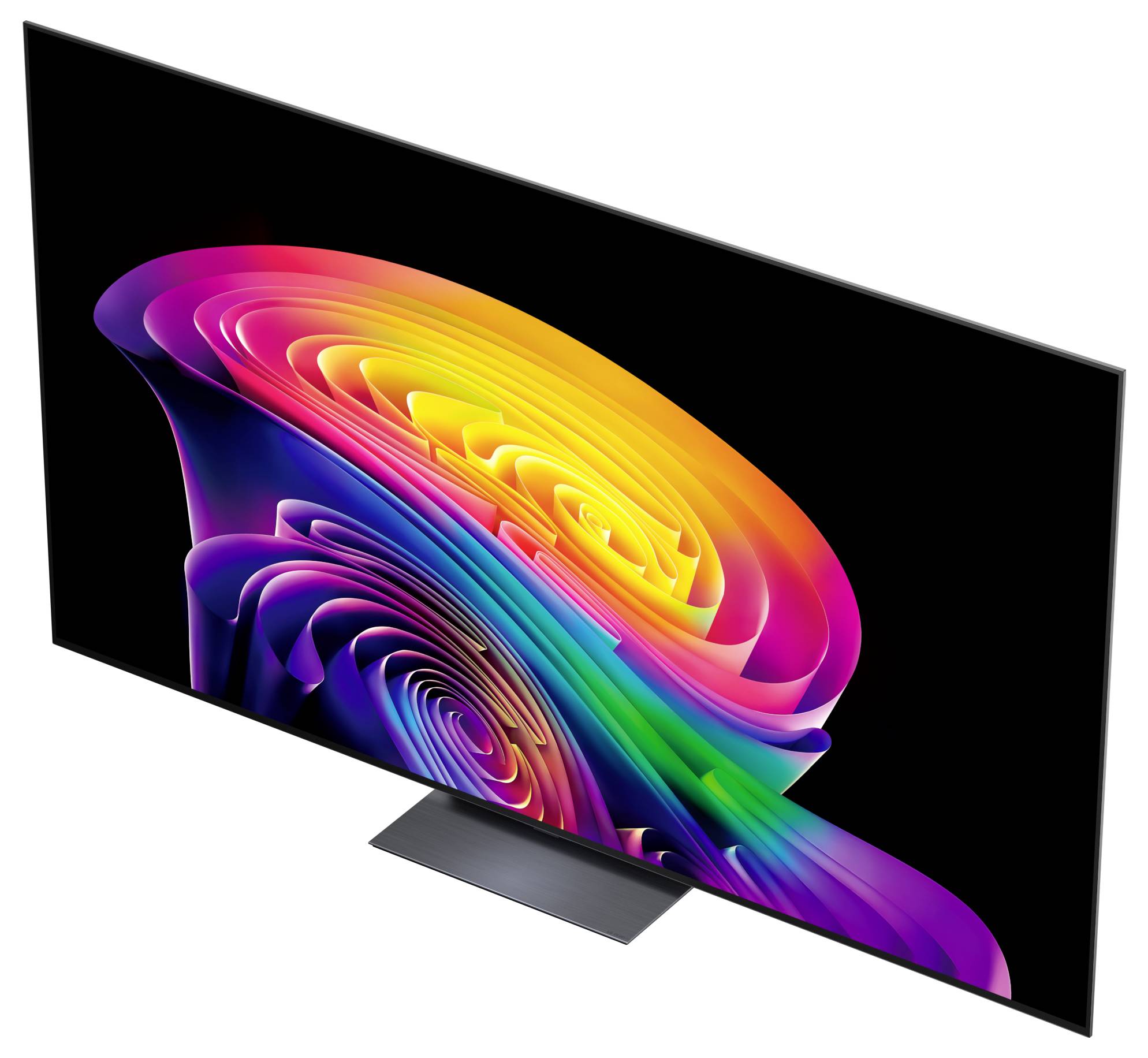 Slanke flat-screen-televisie met een levendige veelkleurige abstracte wervel op zwarte achtergrond, weergegeven op een standaard tegen witte achtergrond