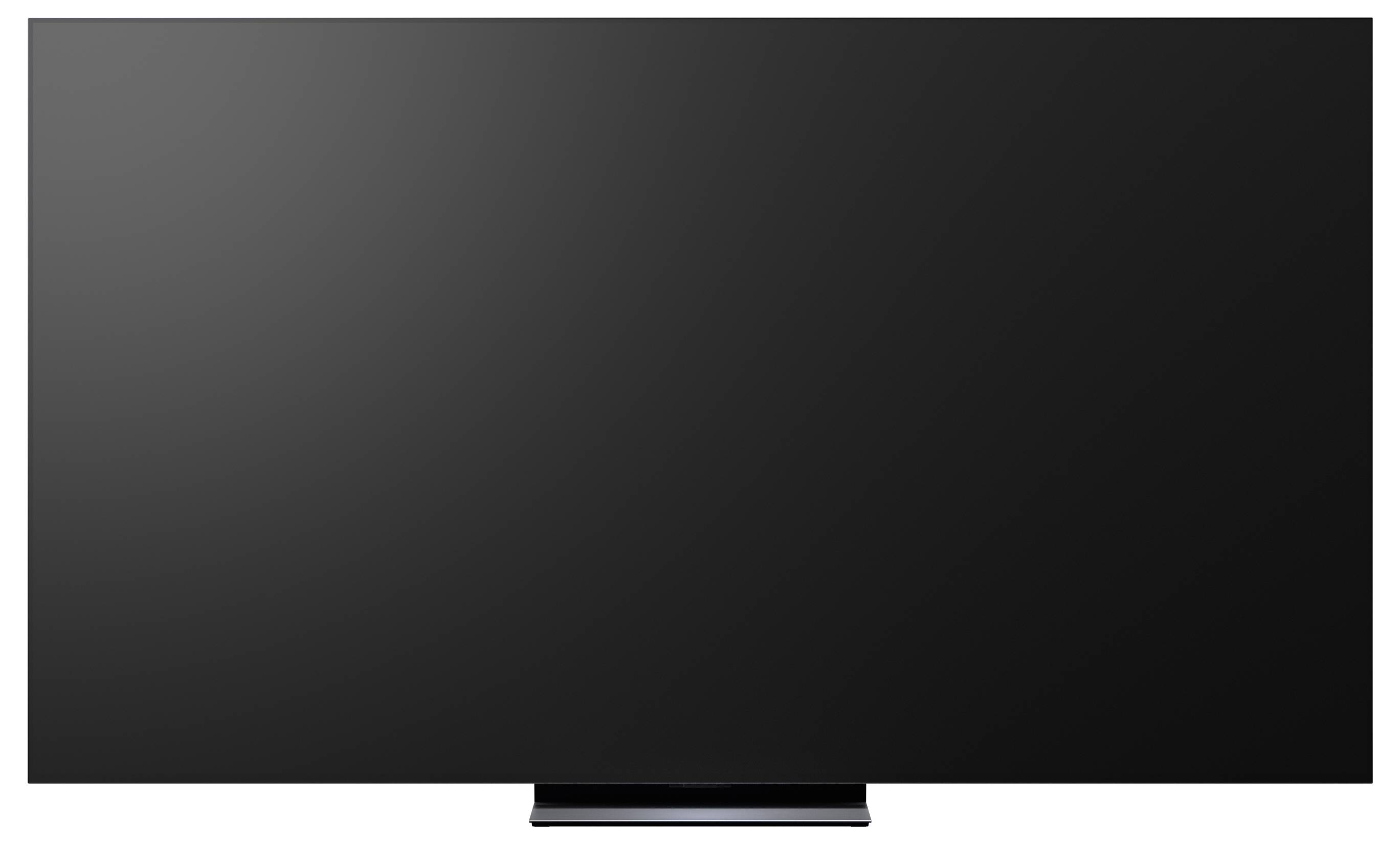 Grote zwarte flatscreen-televisie met het scherm uit, weergegeven van voren tegen een witte achtergrond.
