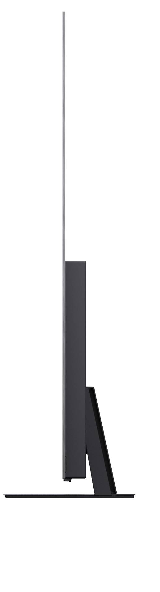 Zijkant van een dunne monitor of beeldscherm op een standaard met verticale ondersteuning en schuine basis.