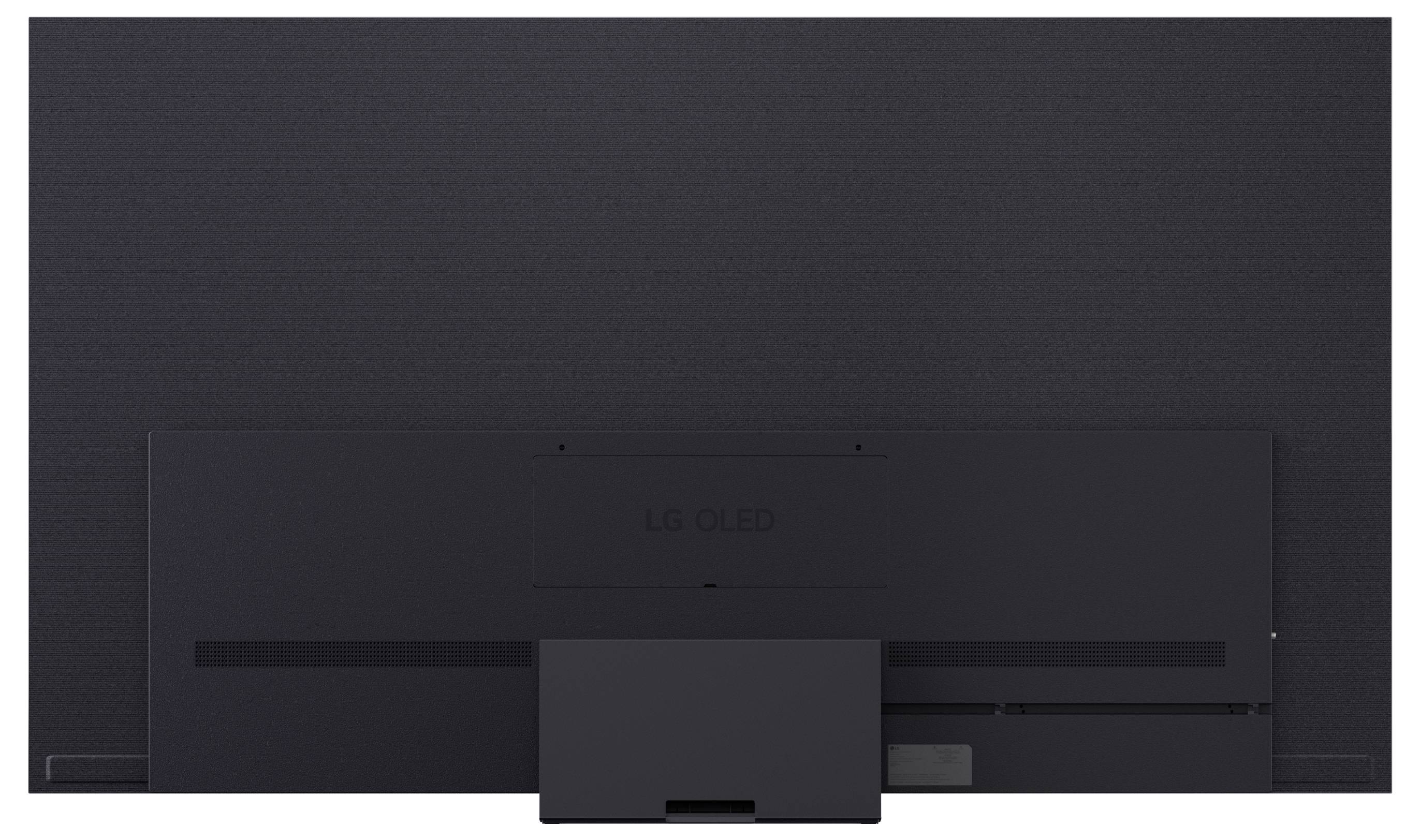 Achteraanzicht van een donkere LG OLED-televisie met een centraal standaard, weergegeven tegen een eenvoudige achtergrond.