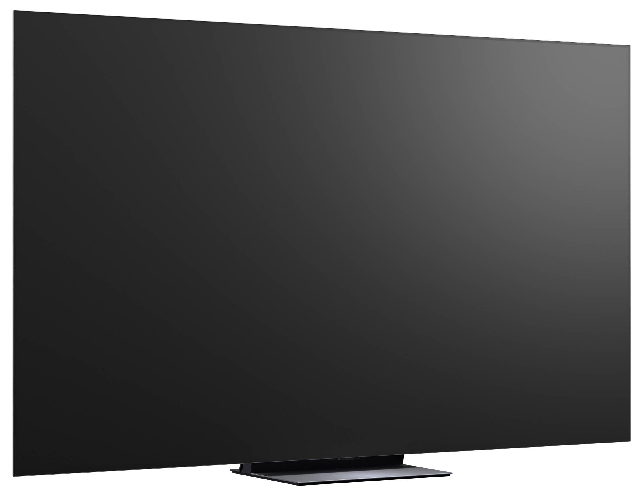 Grote flatscreen-televisie met een zwart scherm op een standaard, weergegeven tegen een witte achtergrond.
