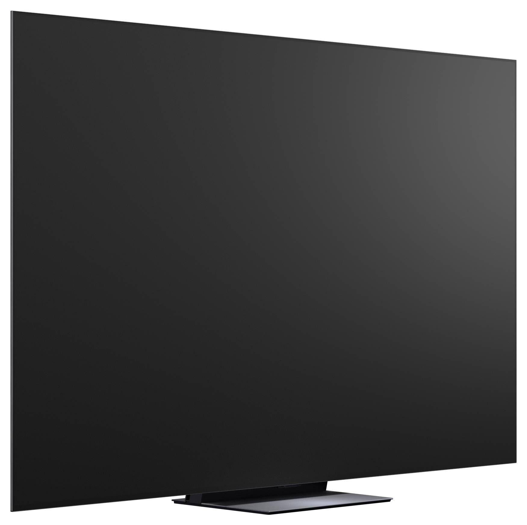 Zwarte flatscreen televisie op een voet, weergegeven onder een hoek tegen een witte achtergrond.