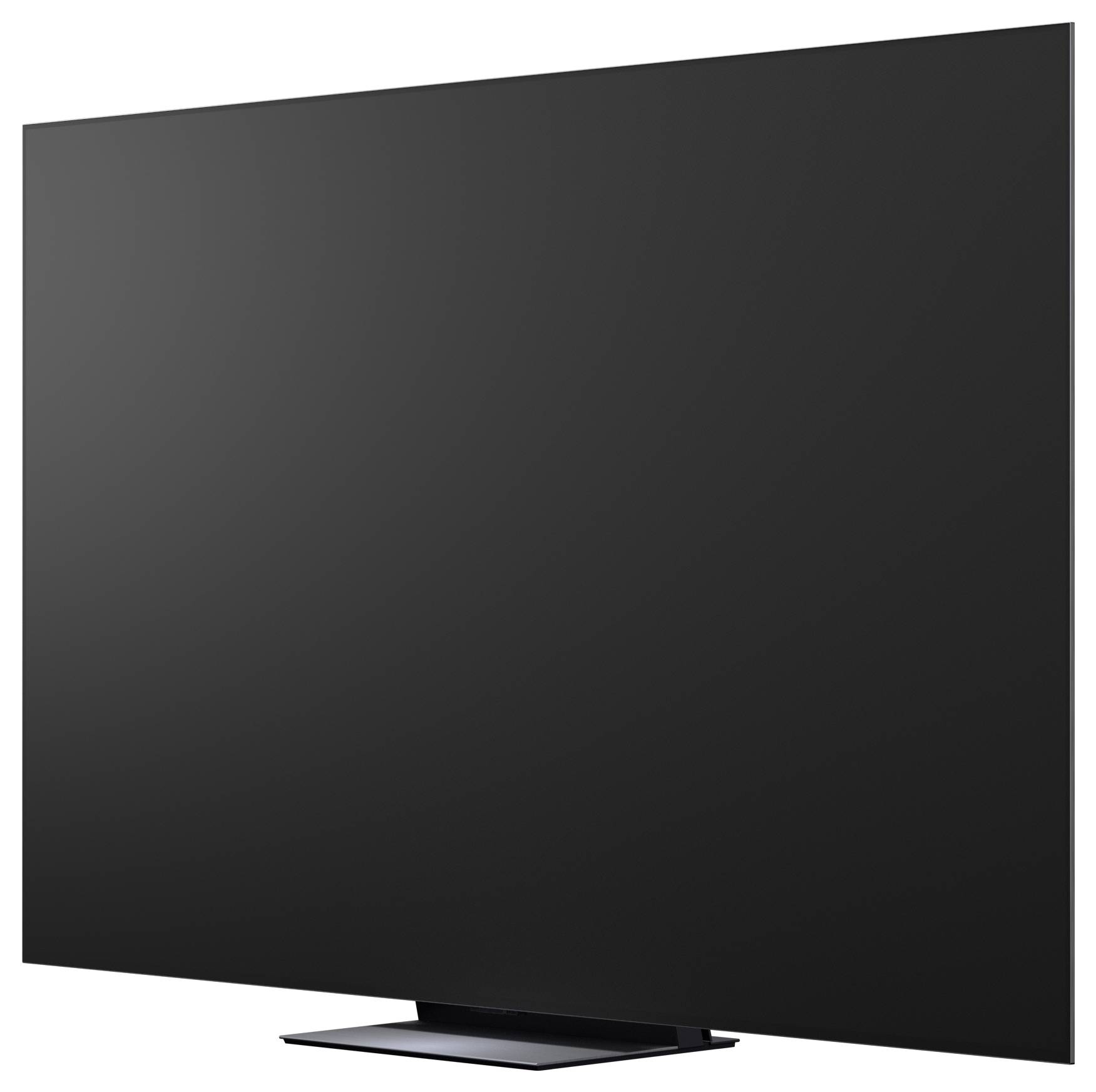 Grote zwarte flatscreen-tv/monitor onder een hoek op een standaard getoond, geïsoleerd op een witte achtergrond.