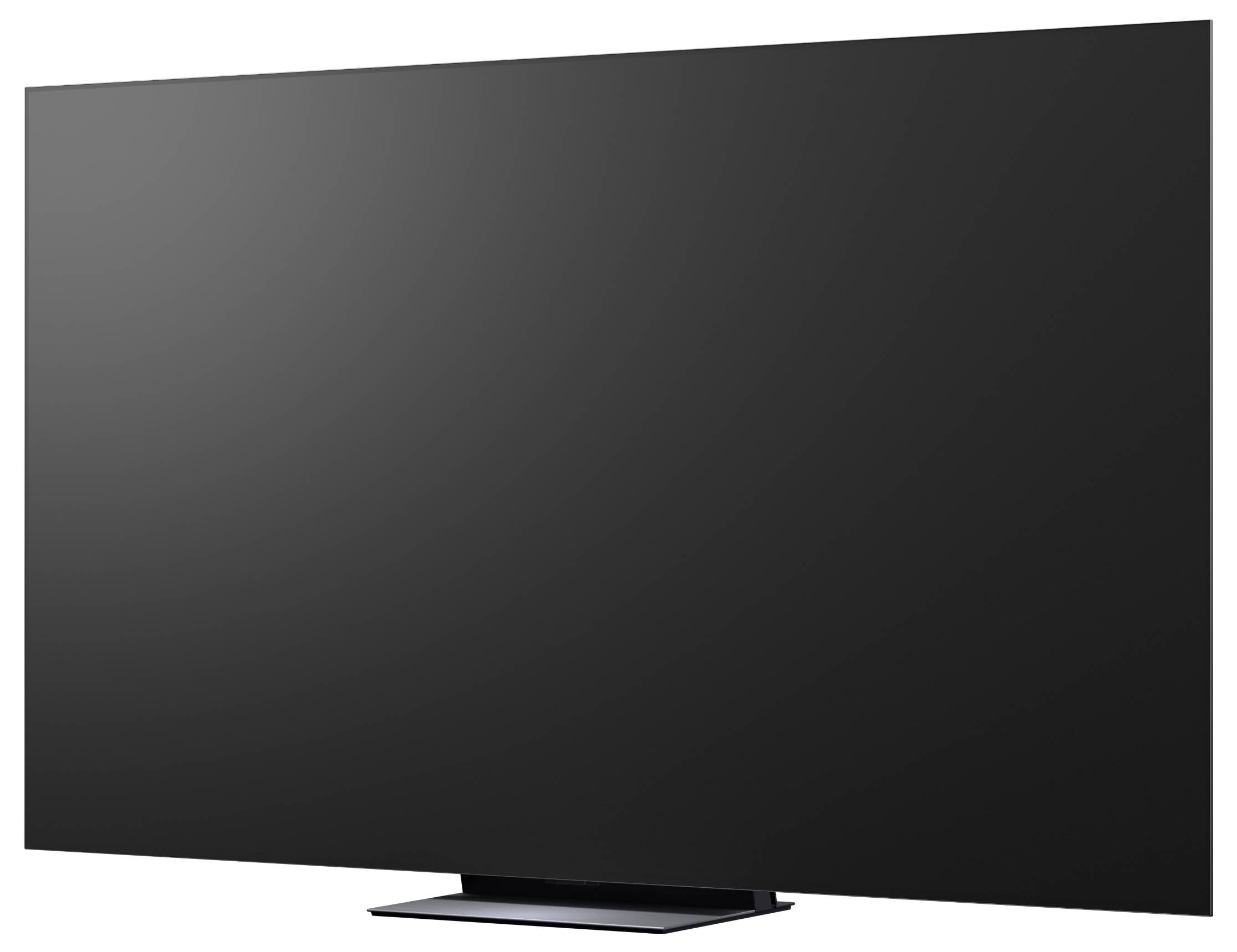 Een flatscreen televisie met een leeg zwart scherm op een standaard, getoond tegen een witte achtergrond.
