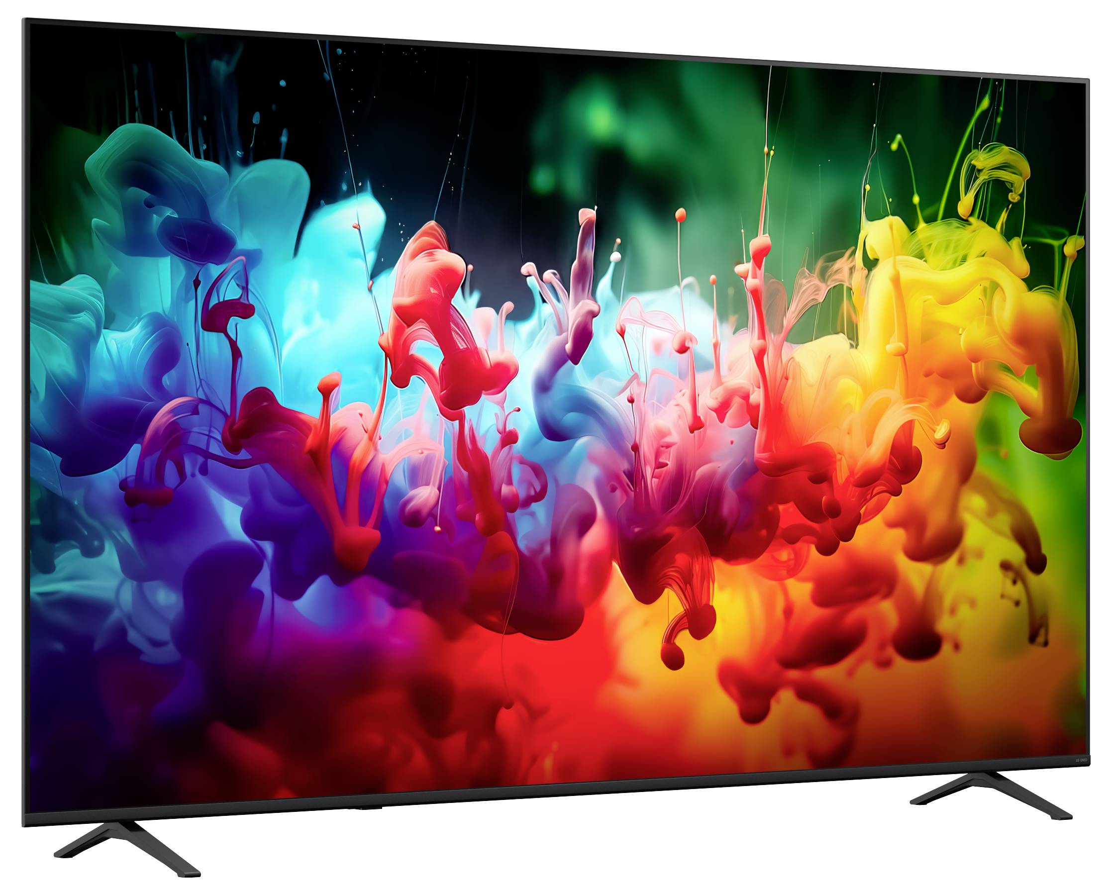 Flat-screen tv die een kleurrijke abstracte inktspat-afbeelding toont in blauw, rood, oranje en geel op een donkere achtergrond.