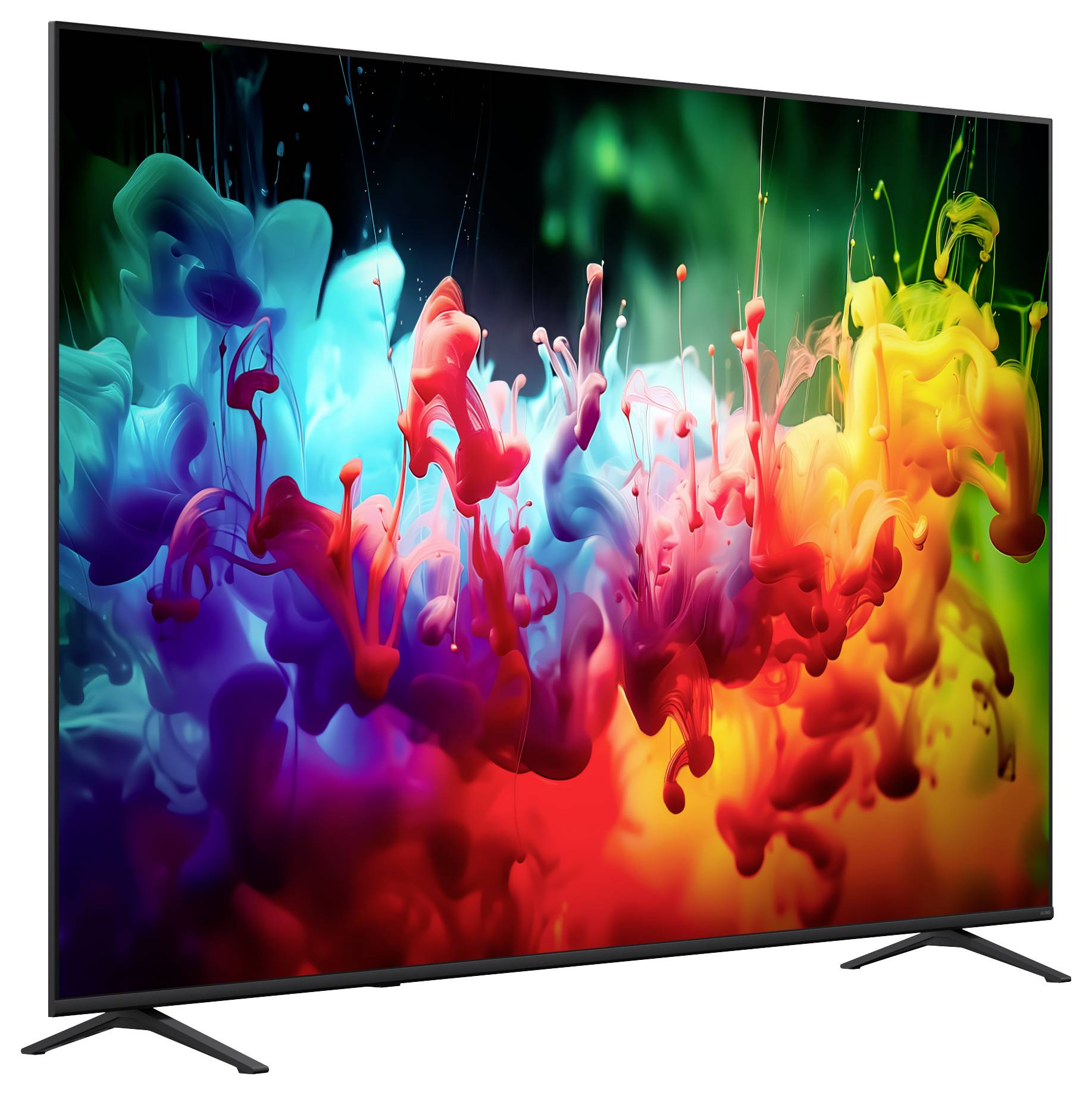 Flatscreen-televisie die een levendige abstracte wervel van meerklerige verf op een donkere achtergrond weergeeft