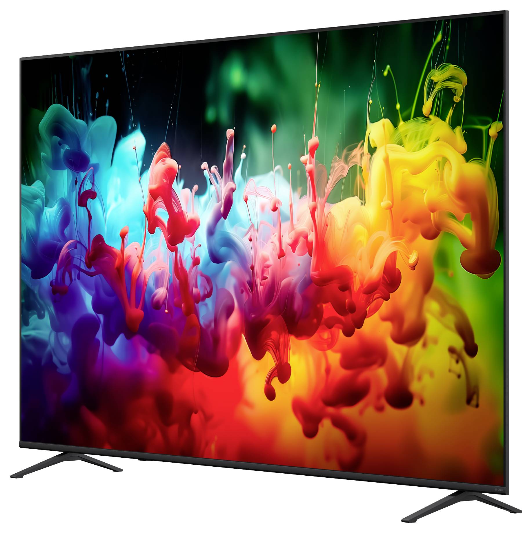 Flat-screen TV met twee standaard poten tegen een witte achtergrond, waarbij het scherm een levendig abstract regenboog inktspetter-beeld weergeeft.