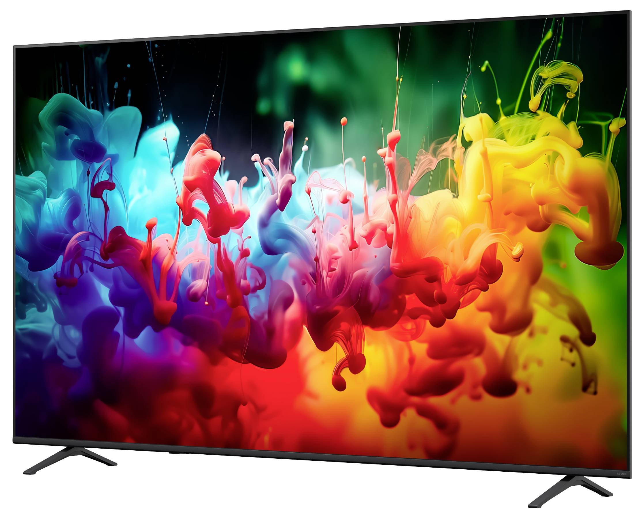 Flatscreen-televisie die een levendige abstracte spatting van veelkleurige verf of rook op een donkere achtergrond weergeeft.