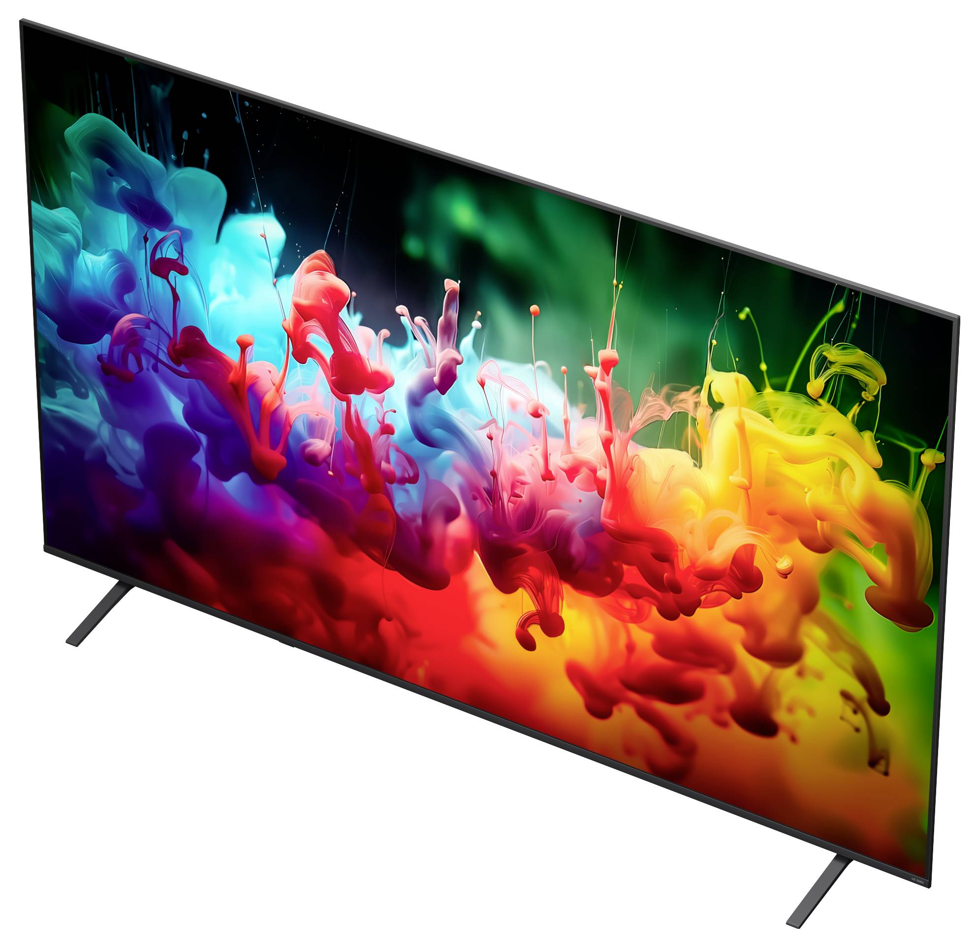 Flat-screen TV met op een standaard geplaatst, toont een levendige regenboog inktspetters abstracte afbeelding op een zwart scherm, onder hoek gepositioneerd.