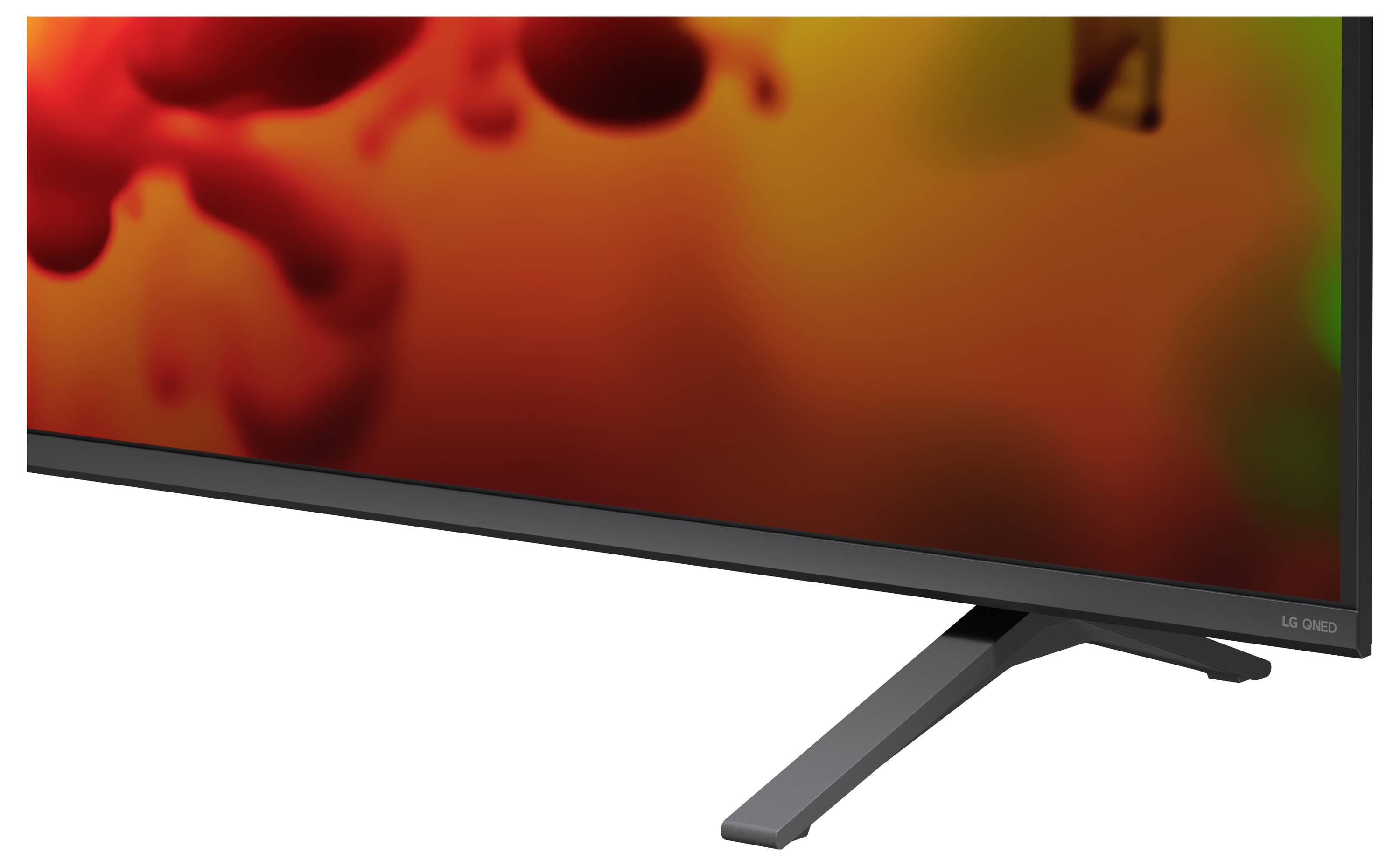 Gedeeltelijk beeld van een LG OLED flatscreen-televisie met zwarte rand en standaard, waarop een abstract rood-oranje beeld wordt weergegeven.