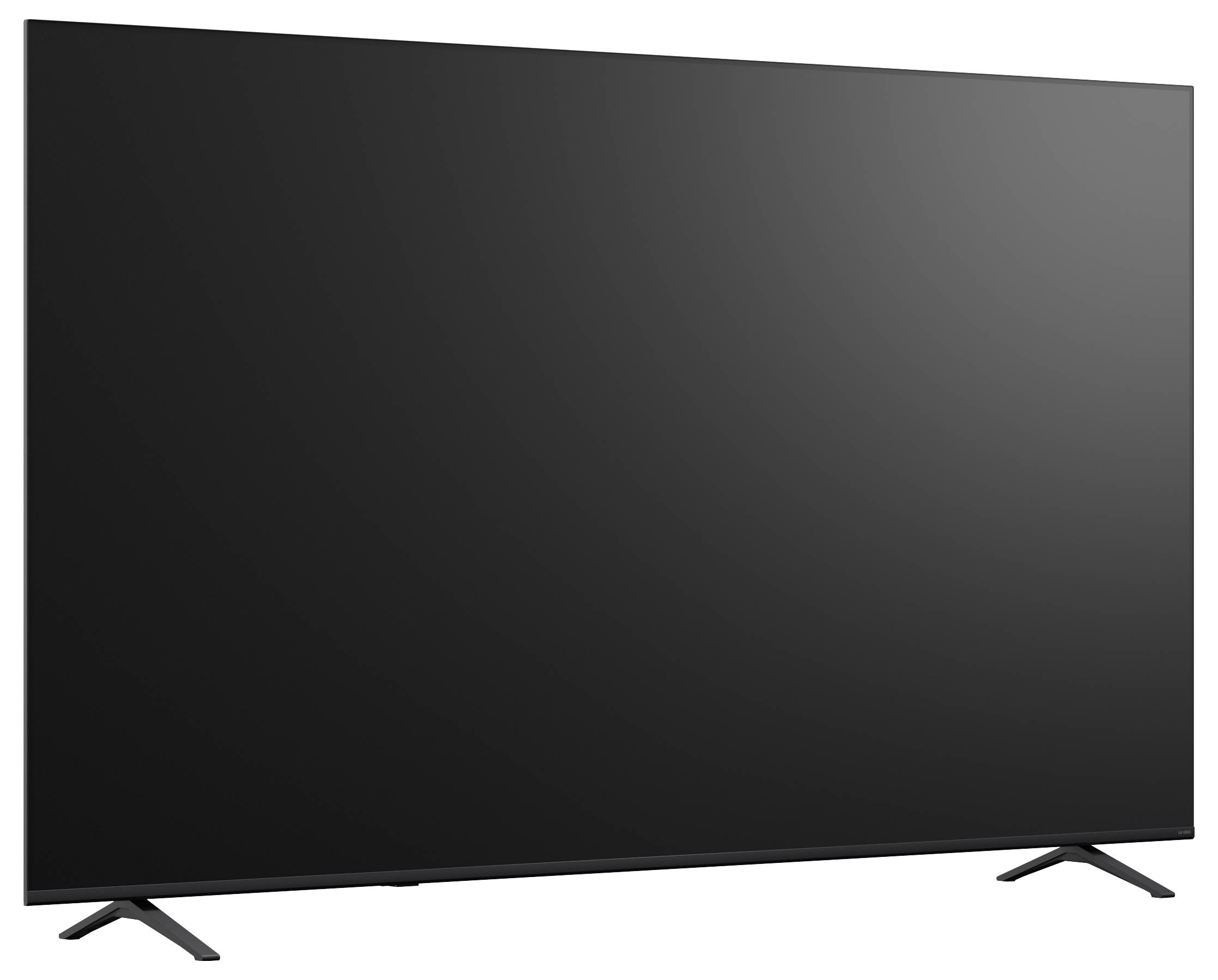 Grote zwarte flatscreen-televisie op een witte achtergrond, licht schuin geplaatst met twee zichtbare standaard poten.