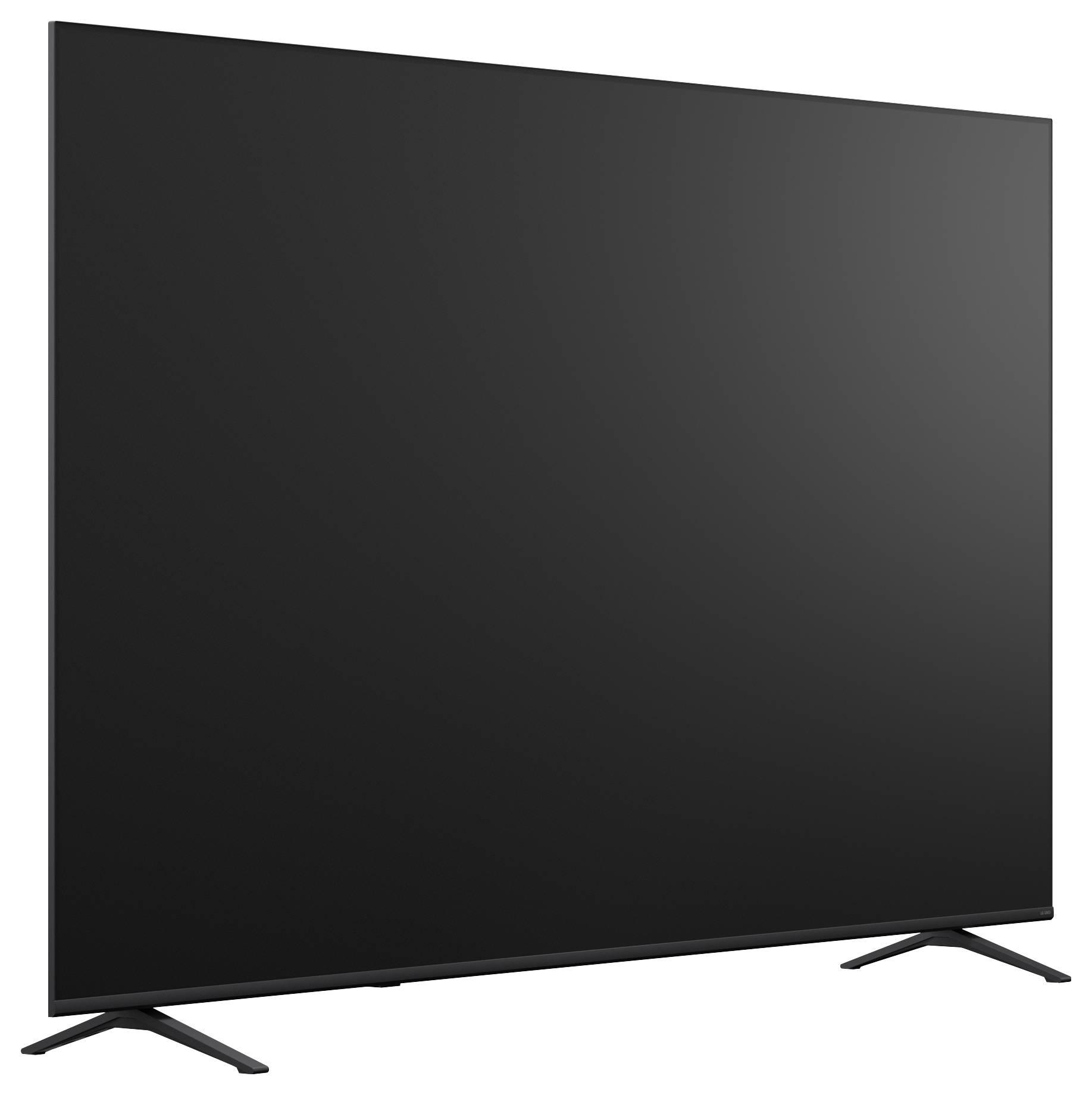 Grote flat-screen televisie met een leeg zwart scherm en slanke poten, weergegeven in frontaanzicht op een witte achtergrond.