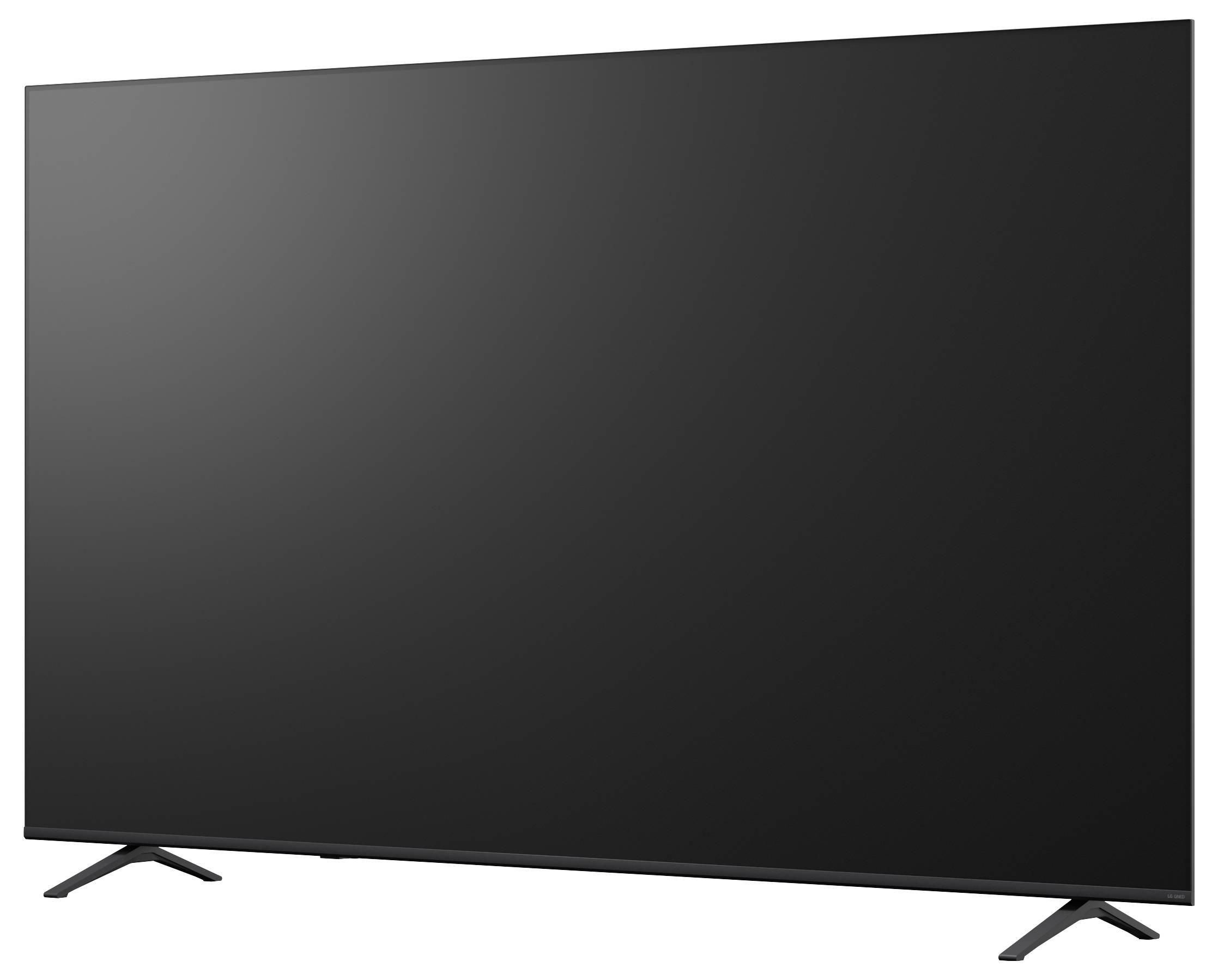 Een groot flatscreen televisietoestel met een zwart scherm en smalle schermranden op twee gekantelde poten.