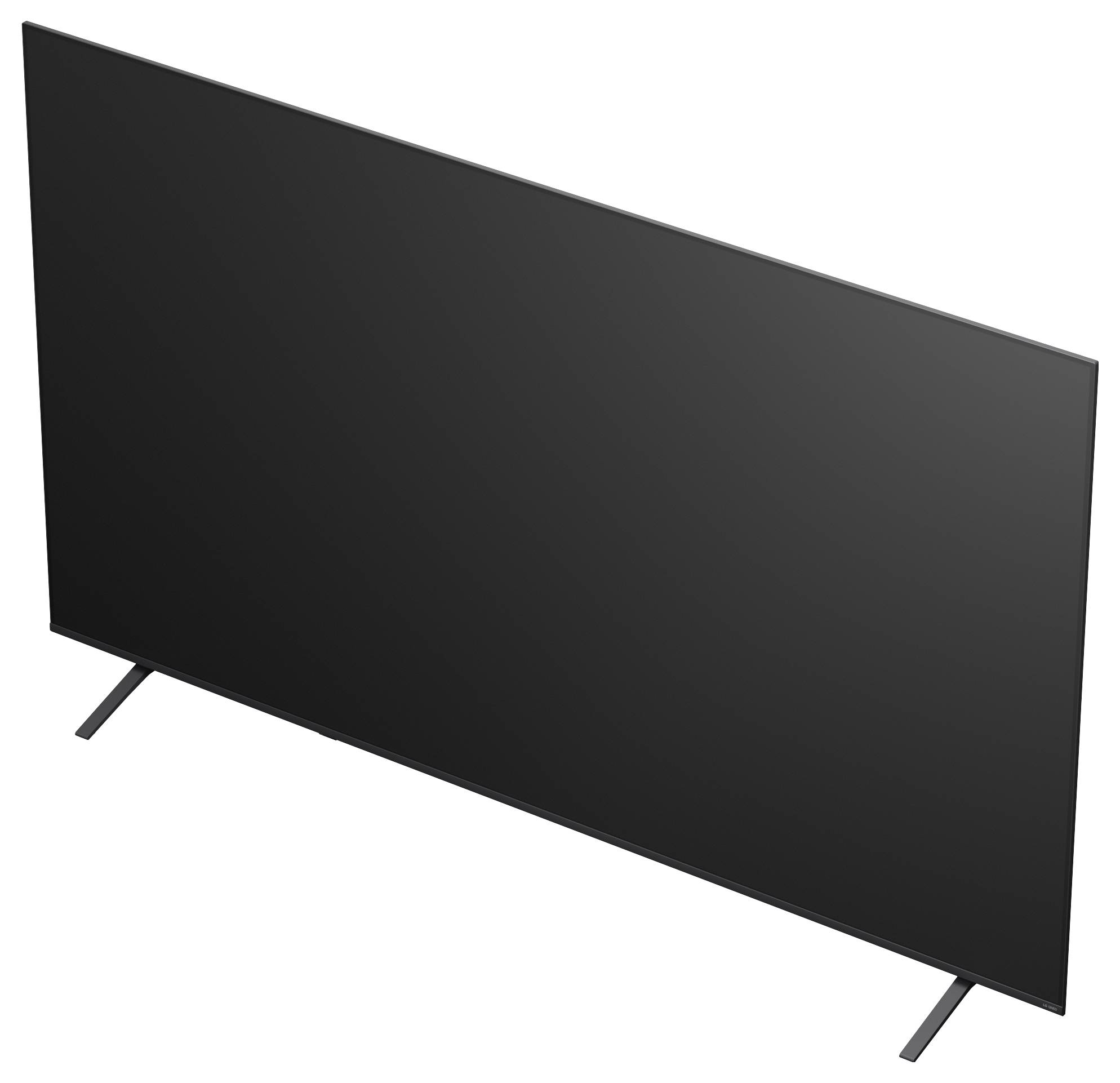 Een grote flatscreen-televisie op twee schuine poten, weergegeven tegen een effen witte achtergrond.