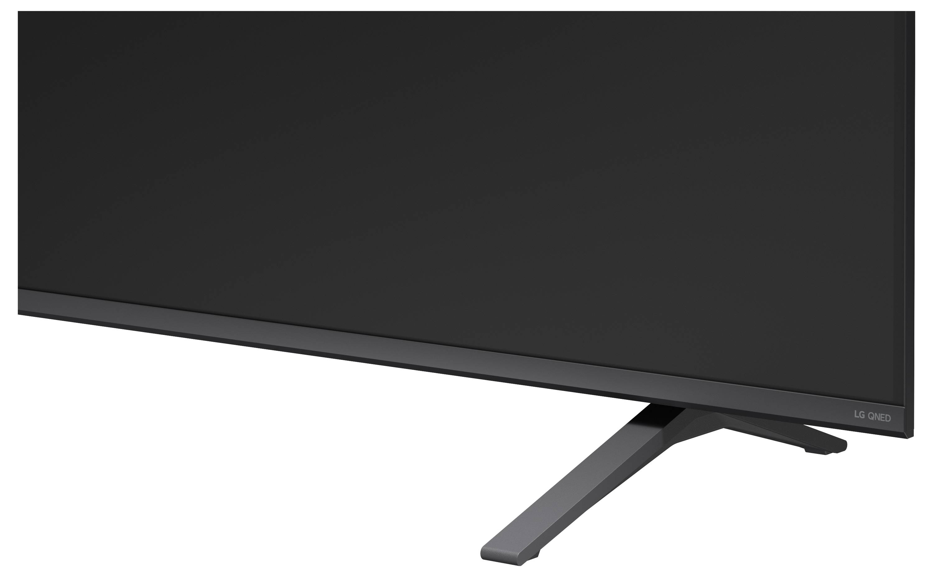 Zwart LG OLED-flatscreen televisie onder hoek met standaard op witte achtergrond weergegeven.