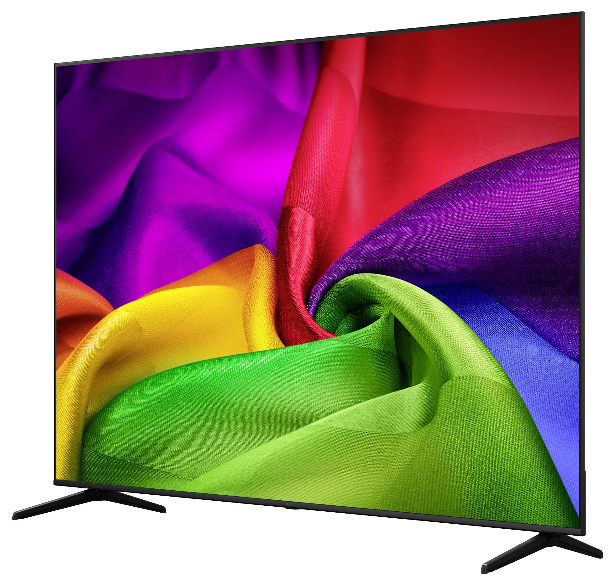 Flatscreen-tv die levendige veelkleurige stoofachtige abstracte wervelingen op een witte achtergrond weergeeft.