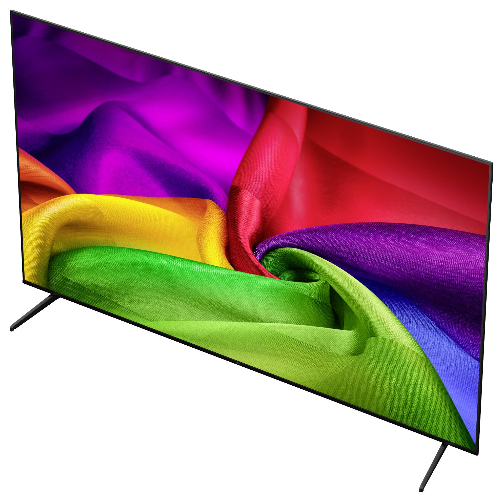Flat-screen televisie op statief met een kleurrijk abstract regenboog stofachtig wervel op witte achtergrond.