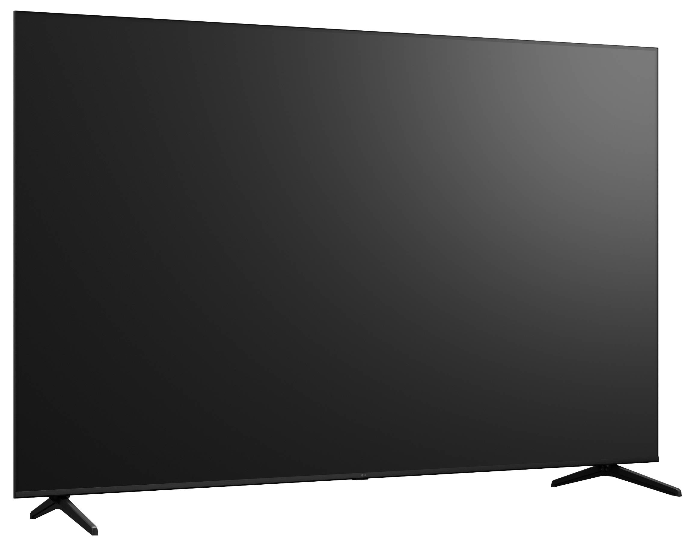 Grote flatscreen-tv met een leeg zwart scherm op twee hoekige voeten, weergegeven tegen een witte achtergrond.