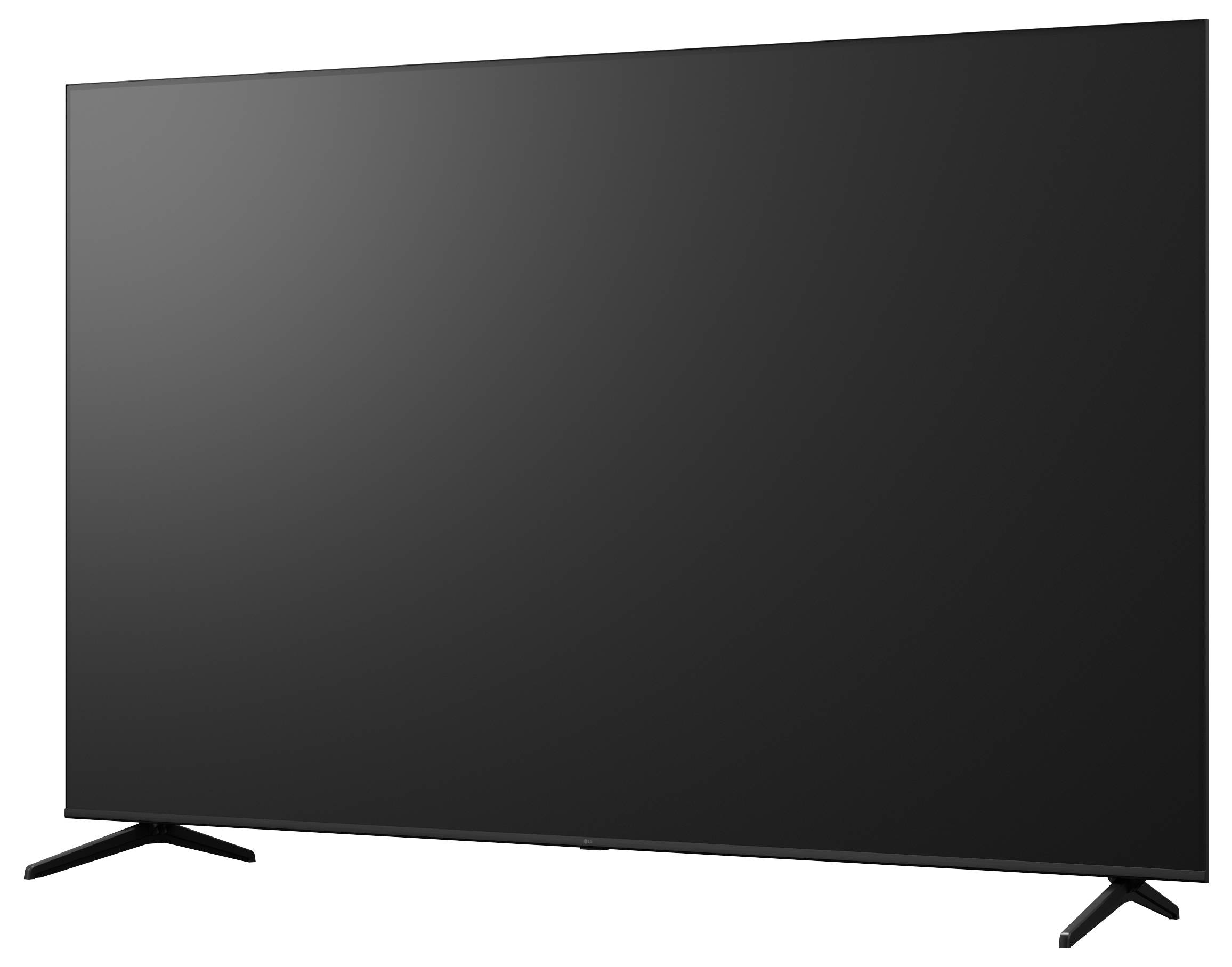 Grote flatscreen zwarte televisie op standaard, gepresenteerd op een witte achtergrond.